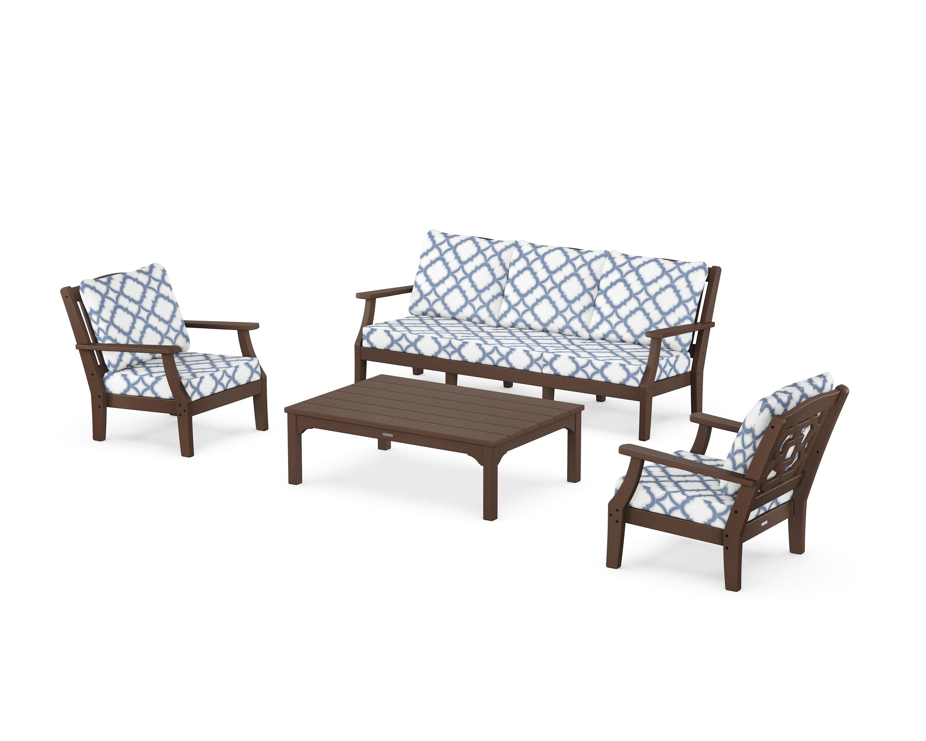 Chinoiserie 4-Piece Deep Seating Set with Sofa in Mahogany / Trellis Sky Blue
