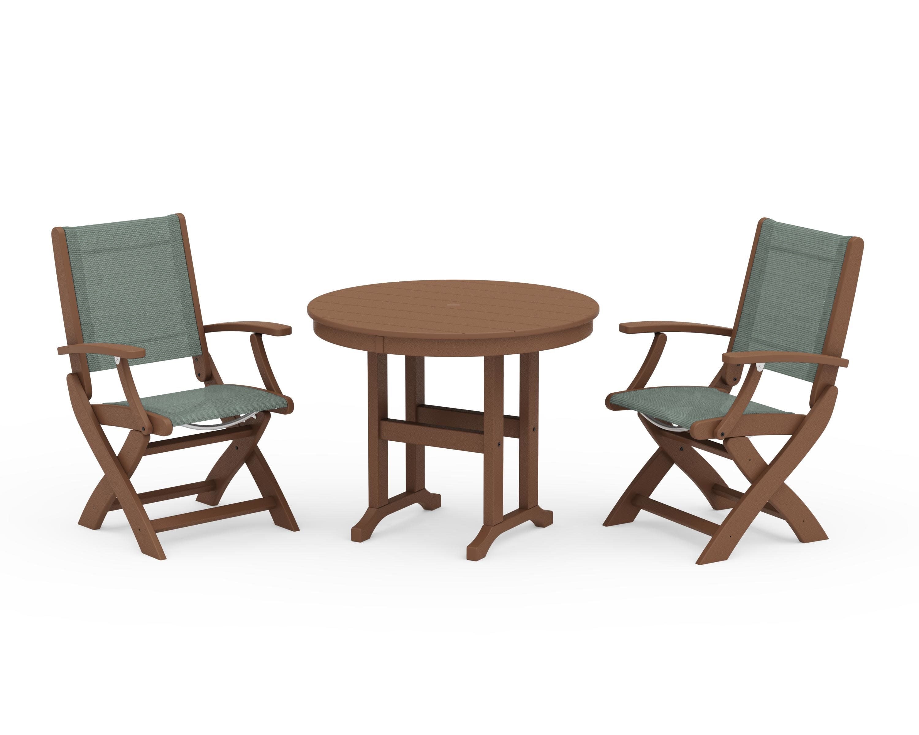 Coastal Folding Chair 3-Piece Round Dining Set in Teak / Dupioni Sea Mist Sling
