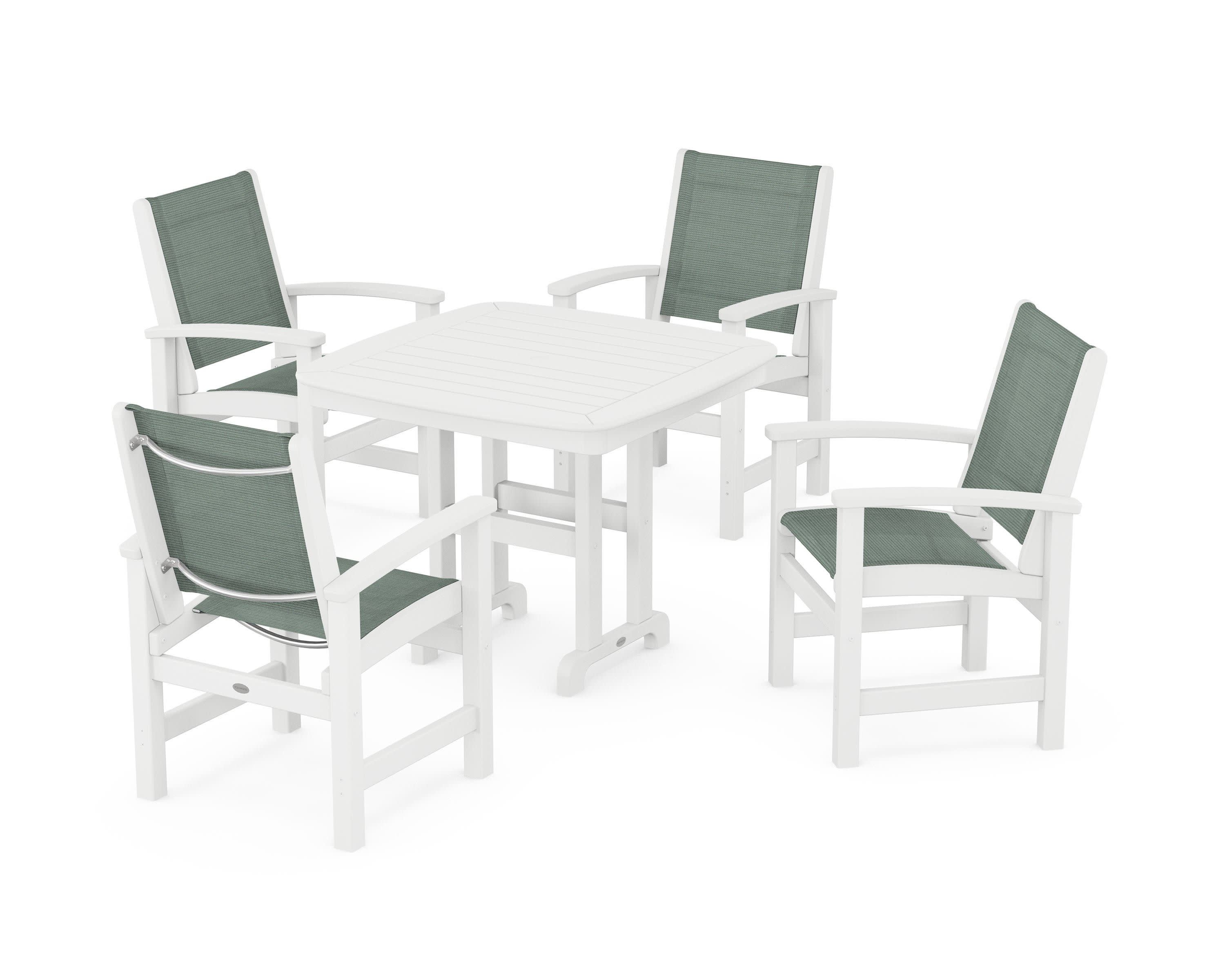 Coastal 5-Piece Dining Set in White / Dupioni Sea Mist Sling