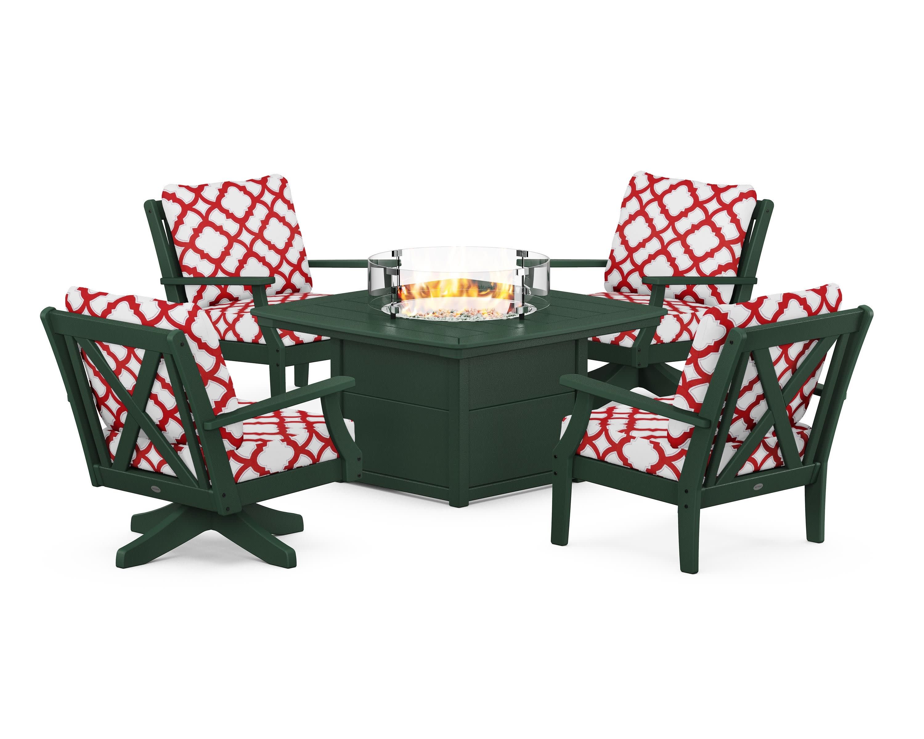 Braxton 5-Piece Deep Seating Set with Fire Table in Green / Trellis Crimson