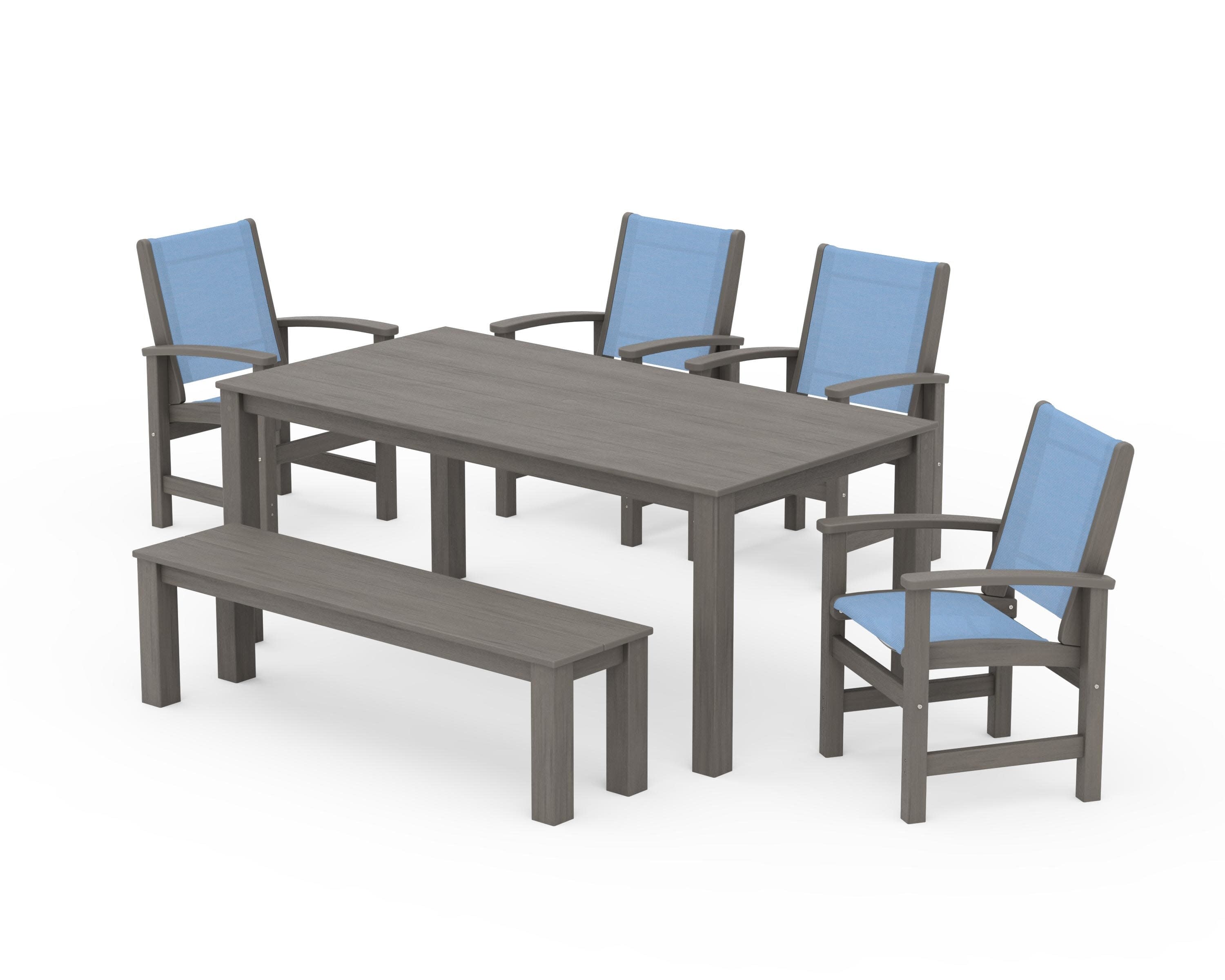 Coastal 6-Piece Parsons Dining Set with Bench in Driftwood / Poolside Sling
