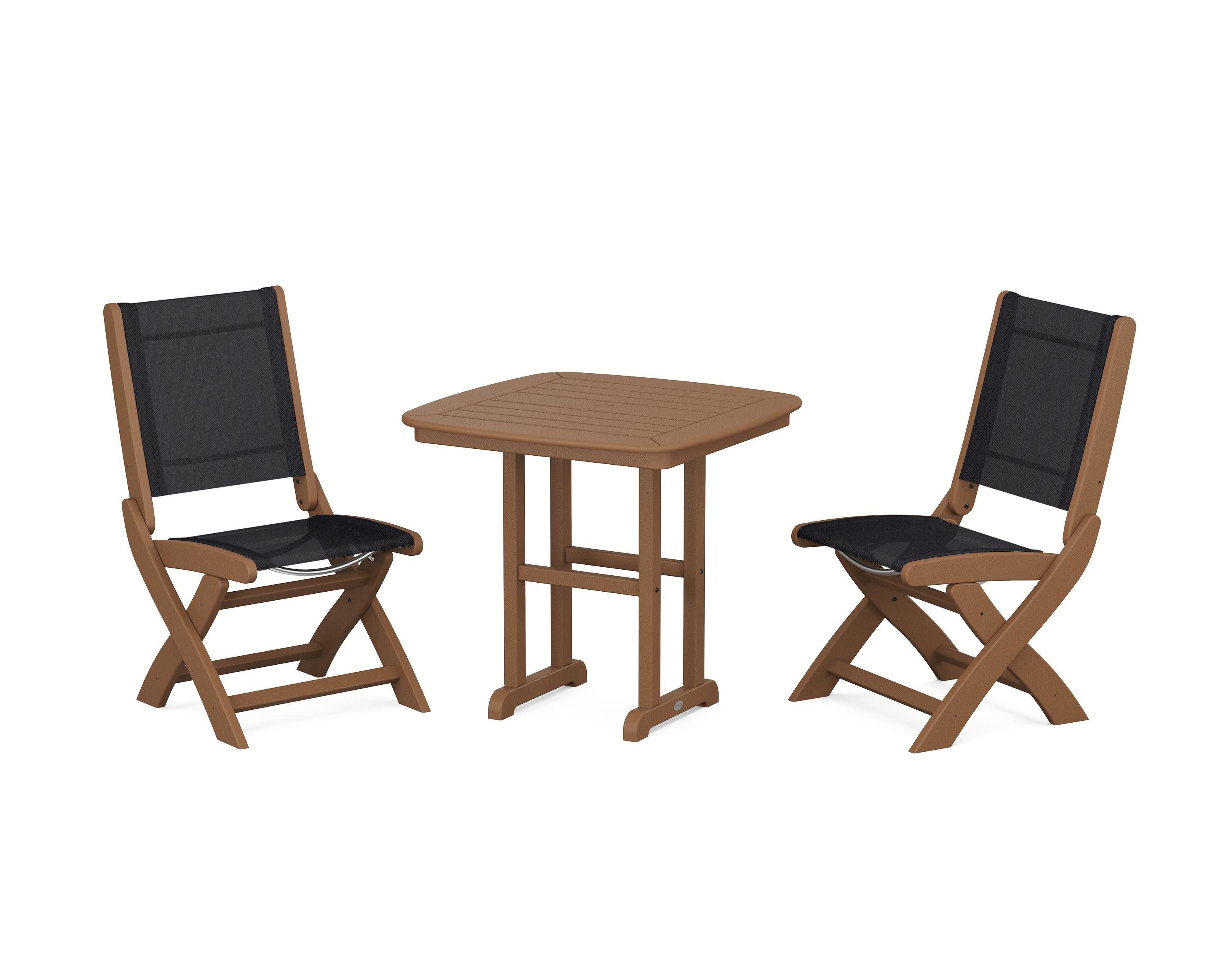 Coastal Folding Side Chair 3-Piece Dining Set in Teak / Black Sling