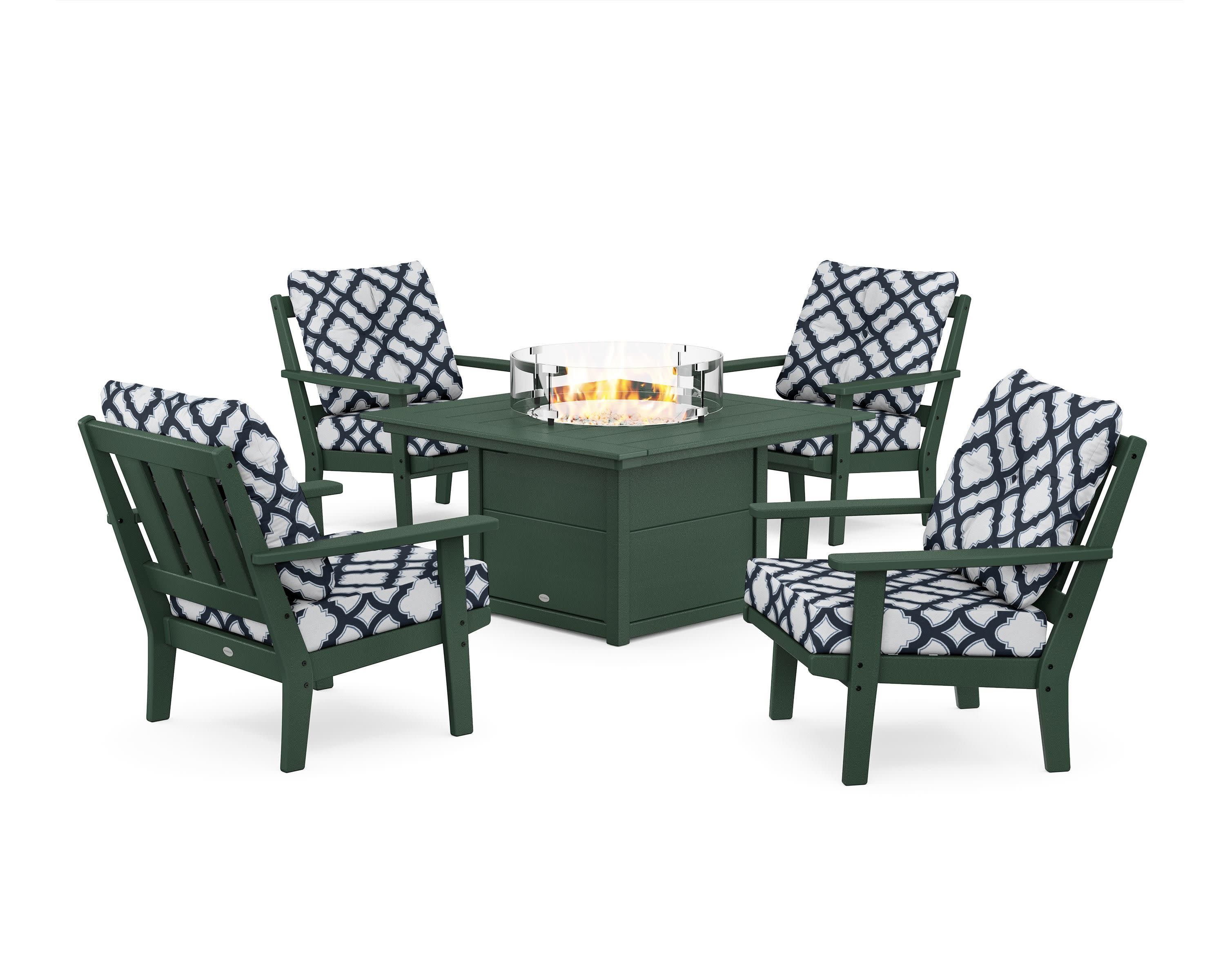 Oxford 5-Piece Deep Seating Set with Fire Pit Table in Green / Trellis Marine Indigo