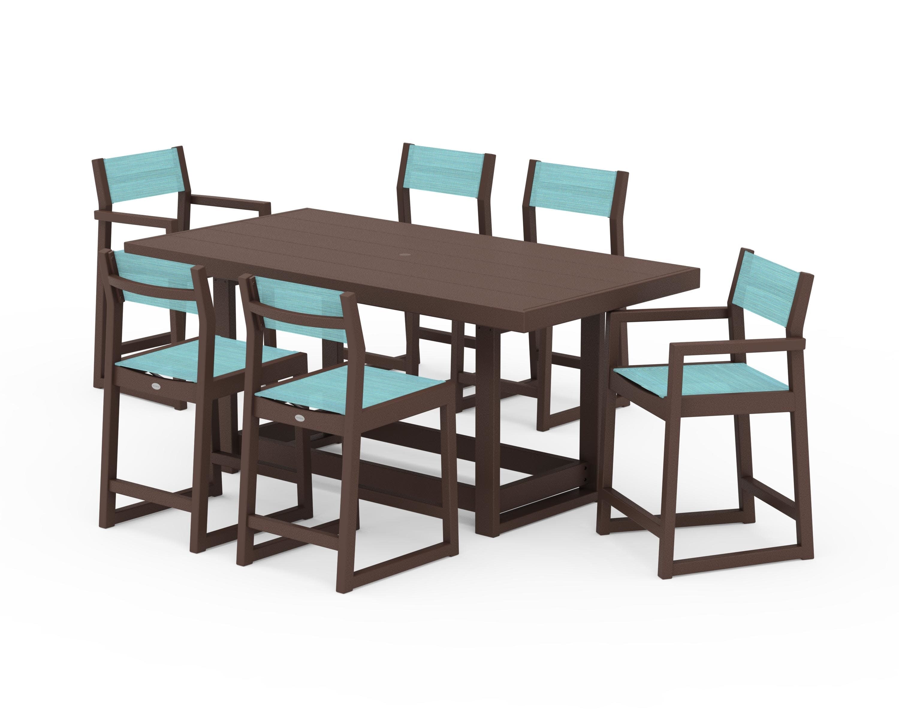 EDGE Sling 7-Piece Counter Table Set in Mahogany / Dupioni Aquamarine Sling