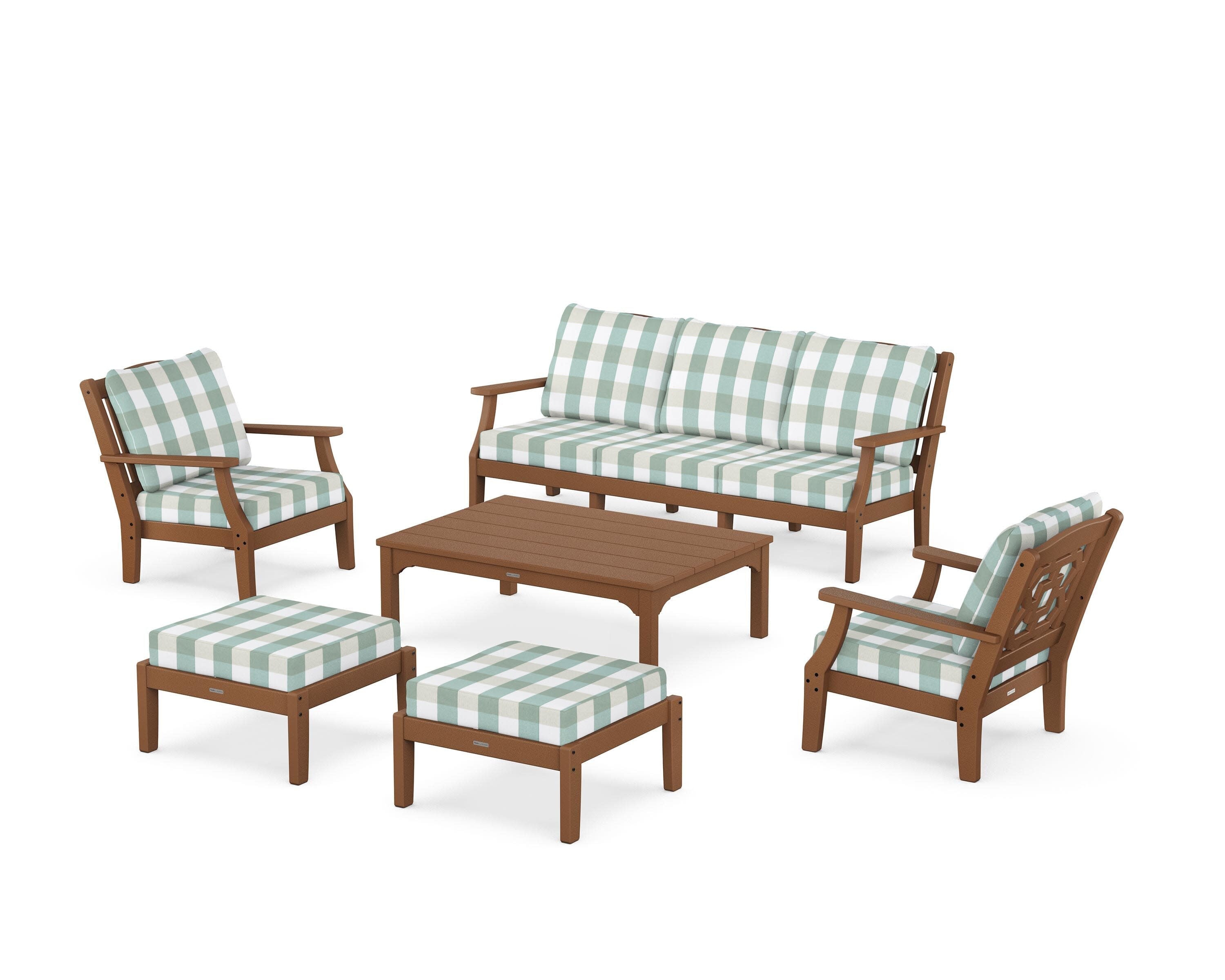 Chinoiserie 6-Piece Lounge Sofa Set in Teak / Buffalo Plaid Glacier Spa
