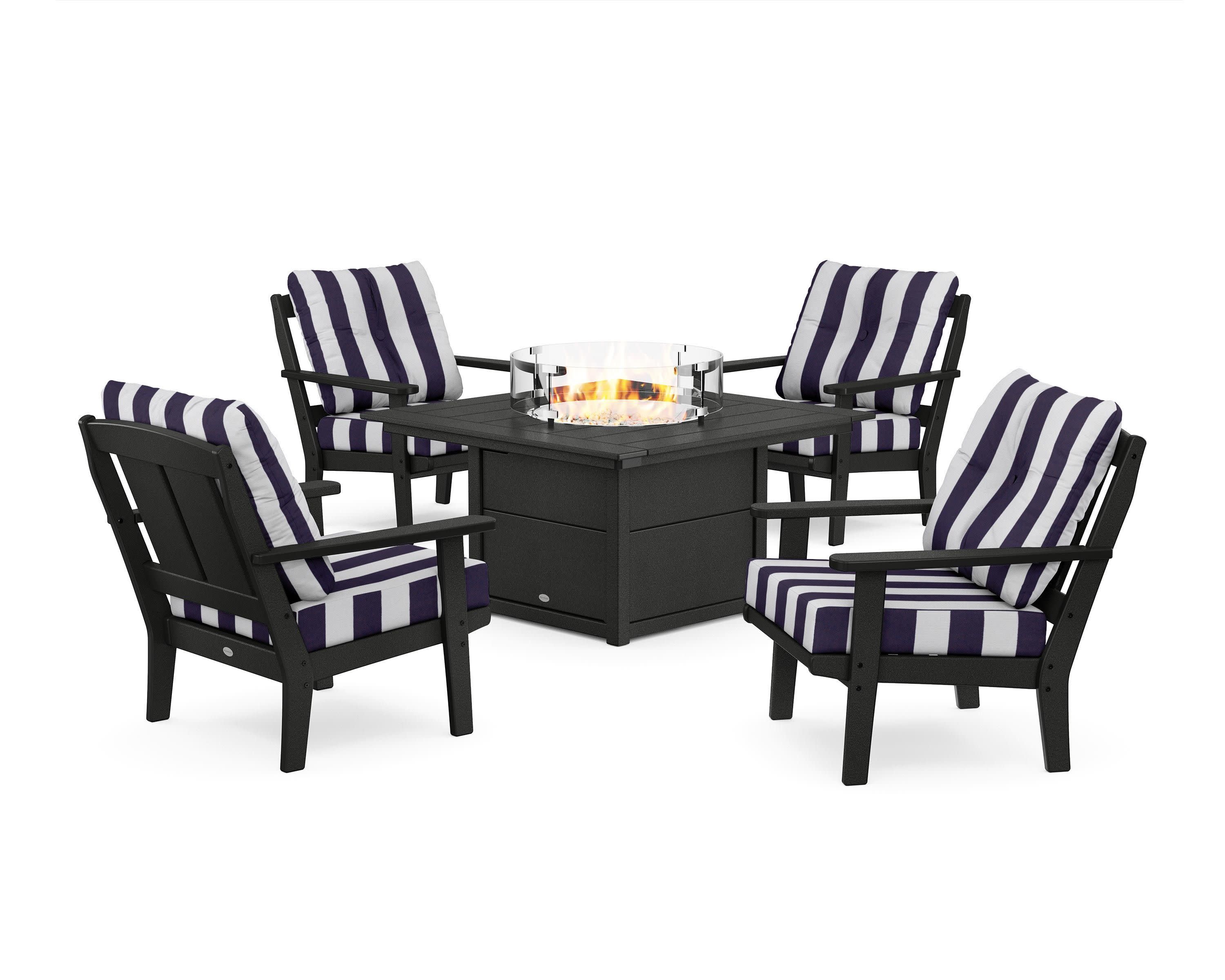 Mission 5-Piece Deep Seating Set with Fire Pit Table in Black / Cabana Stripe Navy