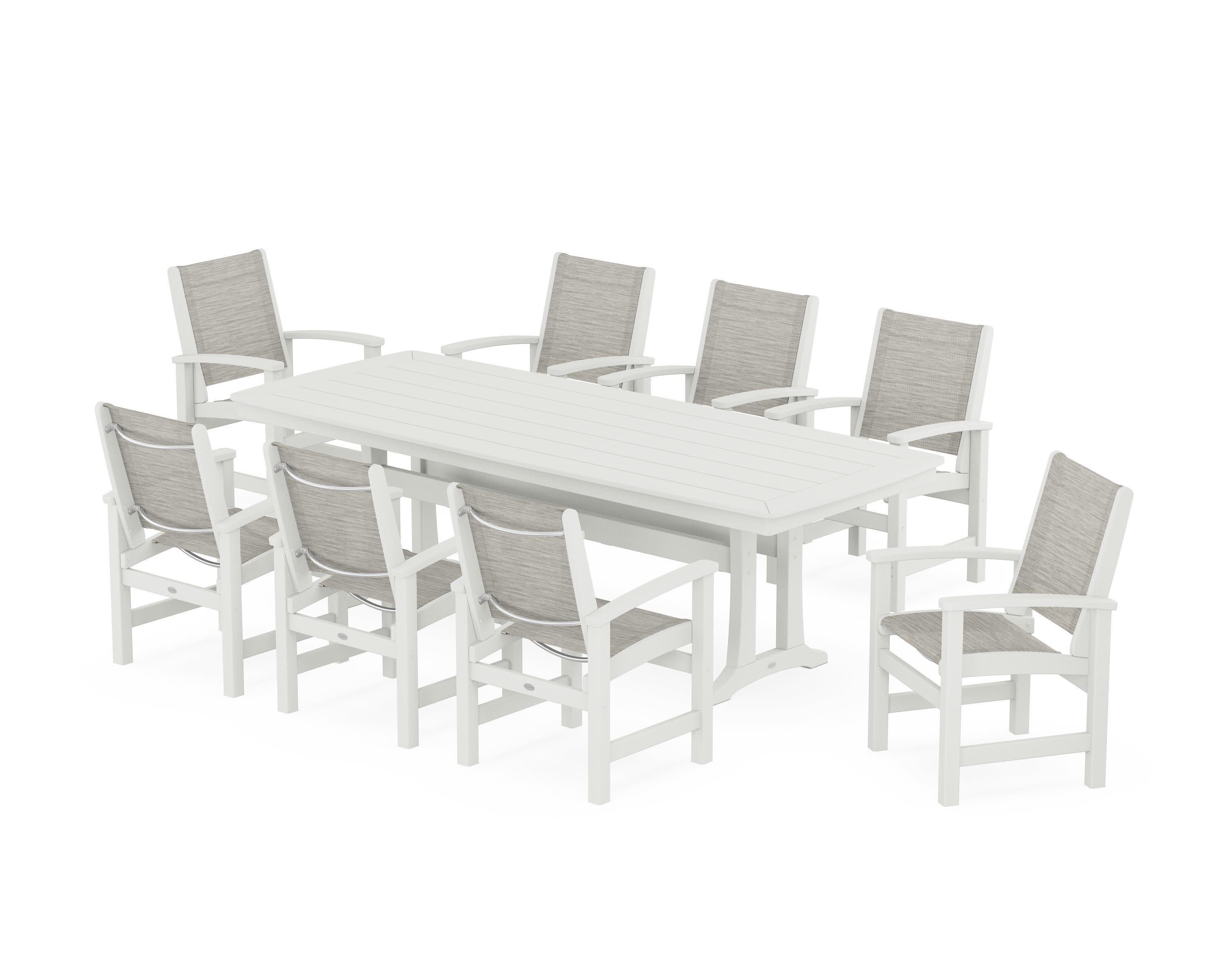 Coastal 9-Piece Dining Set with Trestle Legs in Vintage White / Birch Sling