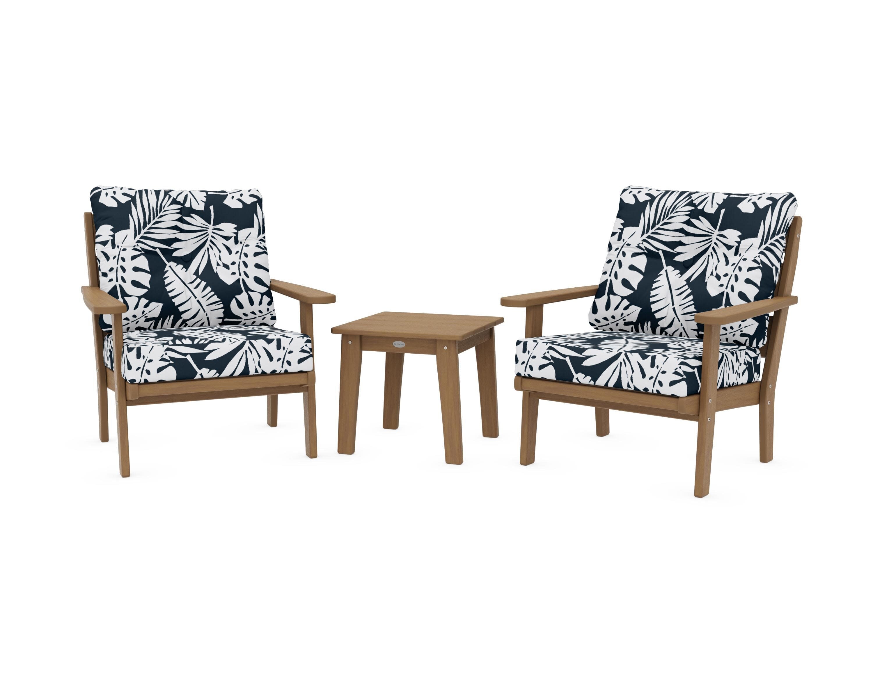 Lakeside 3-Piece Deep Seating Chair Set in Natural / Leaf Marine Indigo