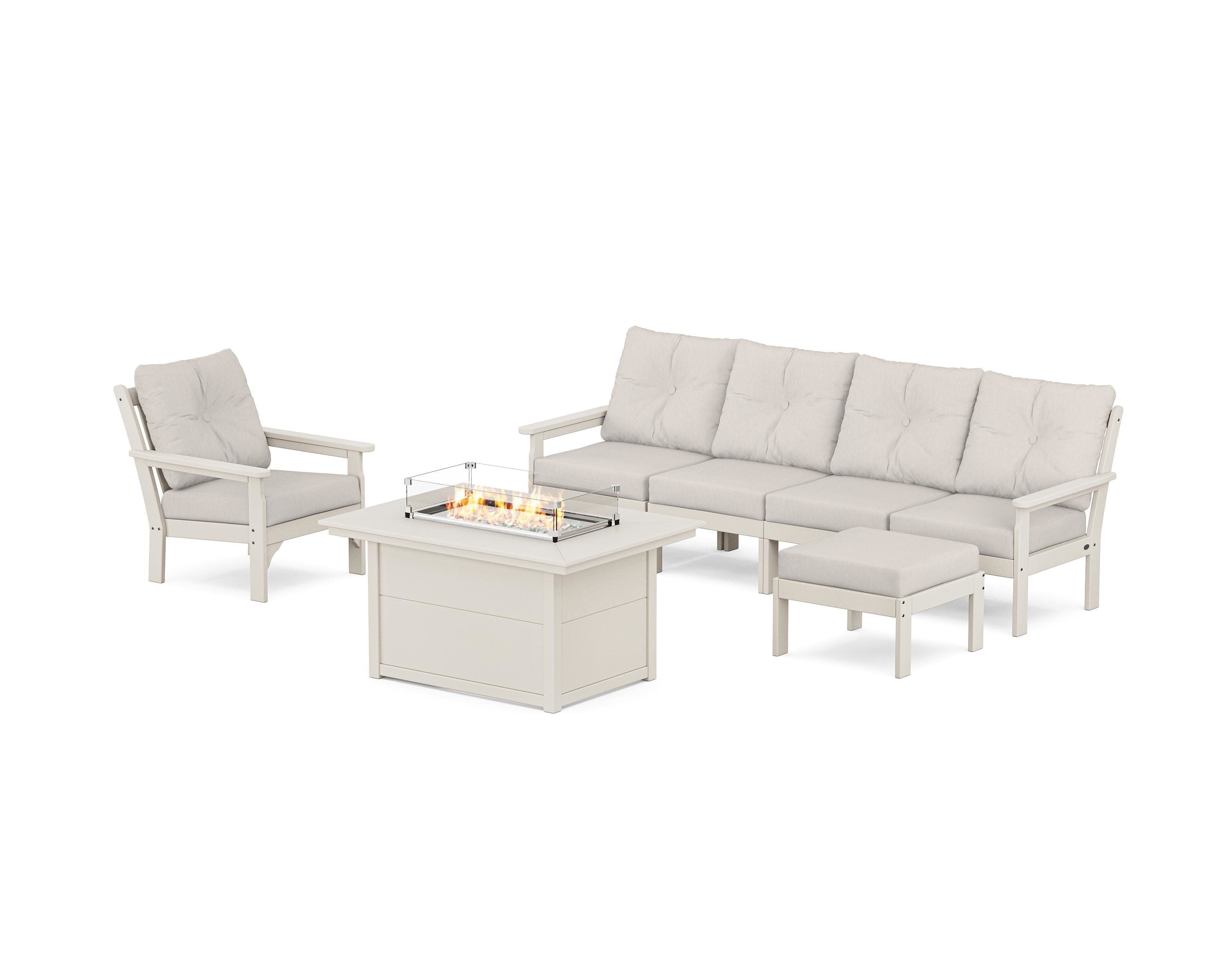 Vineyard Sectional Lounge and Fire Pit Set in Sand / Cast Ash
