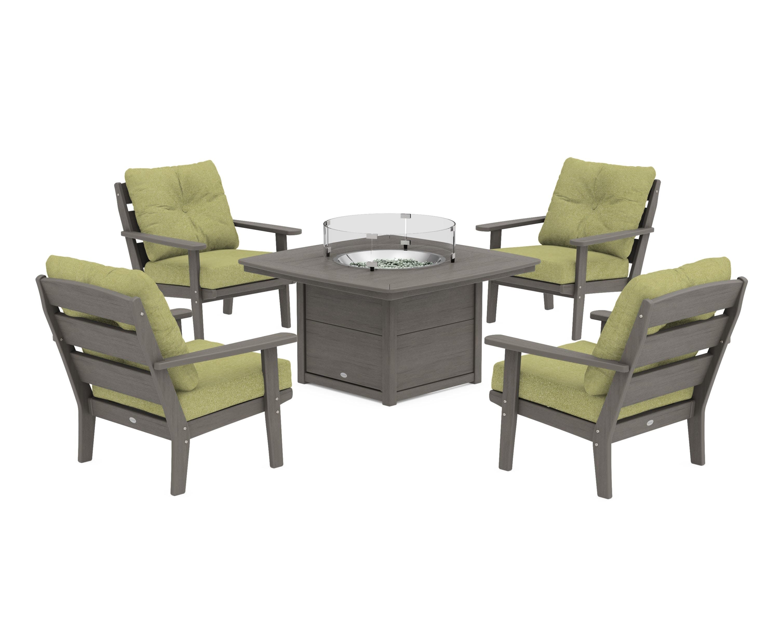 Lakeside 5-Piece Deep Seating Set with Nautical Fire Pit Table in Driftwood / Chartreuse Boucle