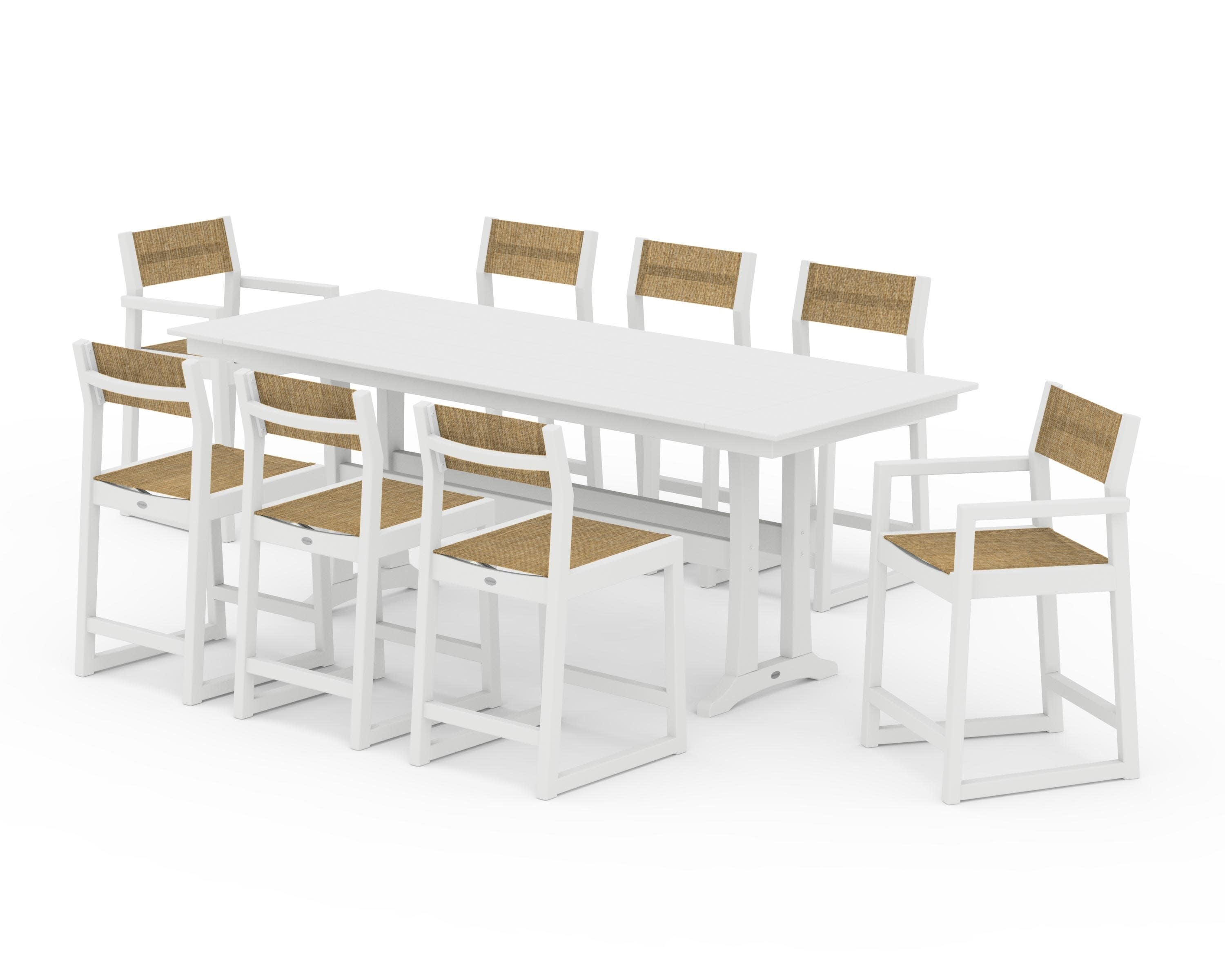EDGE Sling 9-Piece Farmhouse Counter Set with Trestle Legs in White / Burlap Sling