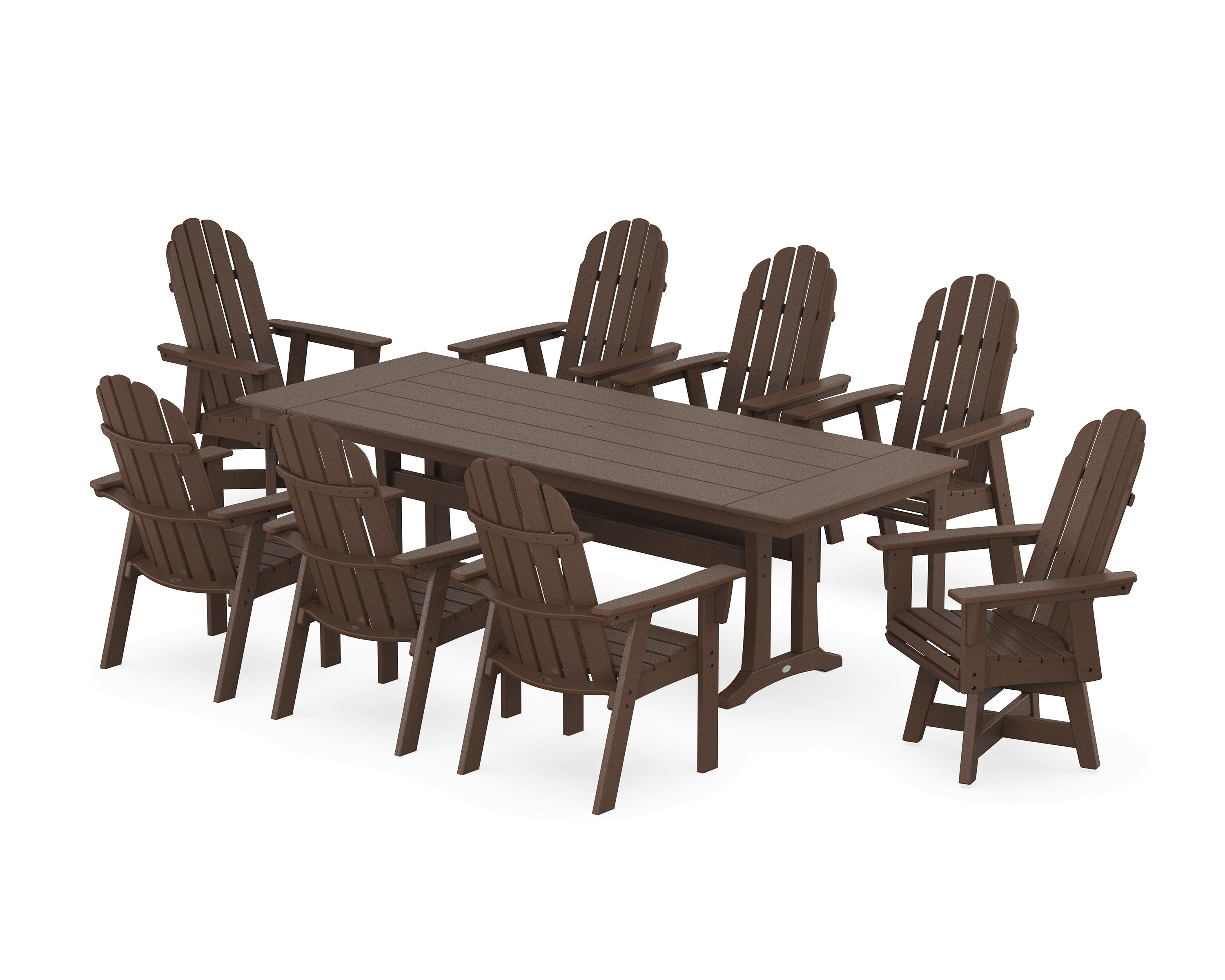Vineyard 9-Piece Curveback Adirondack Swivel Farmhouse Dining Set with Trestle Legs in Mahogany