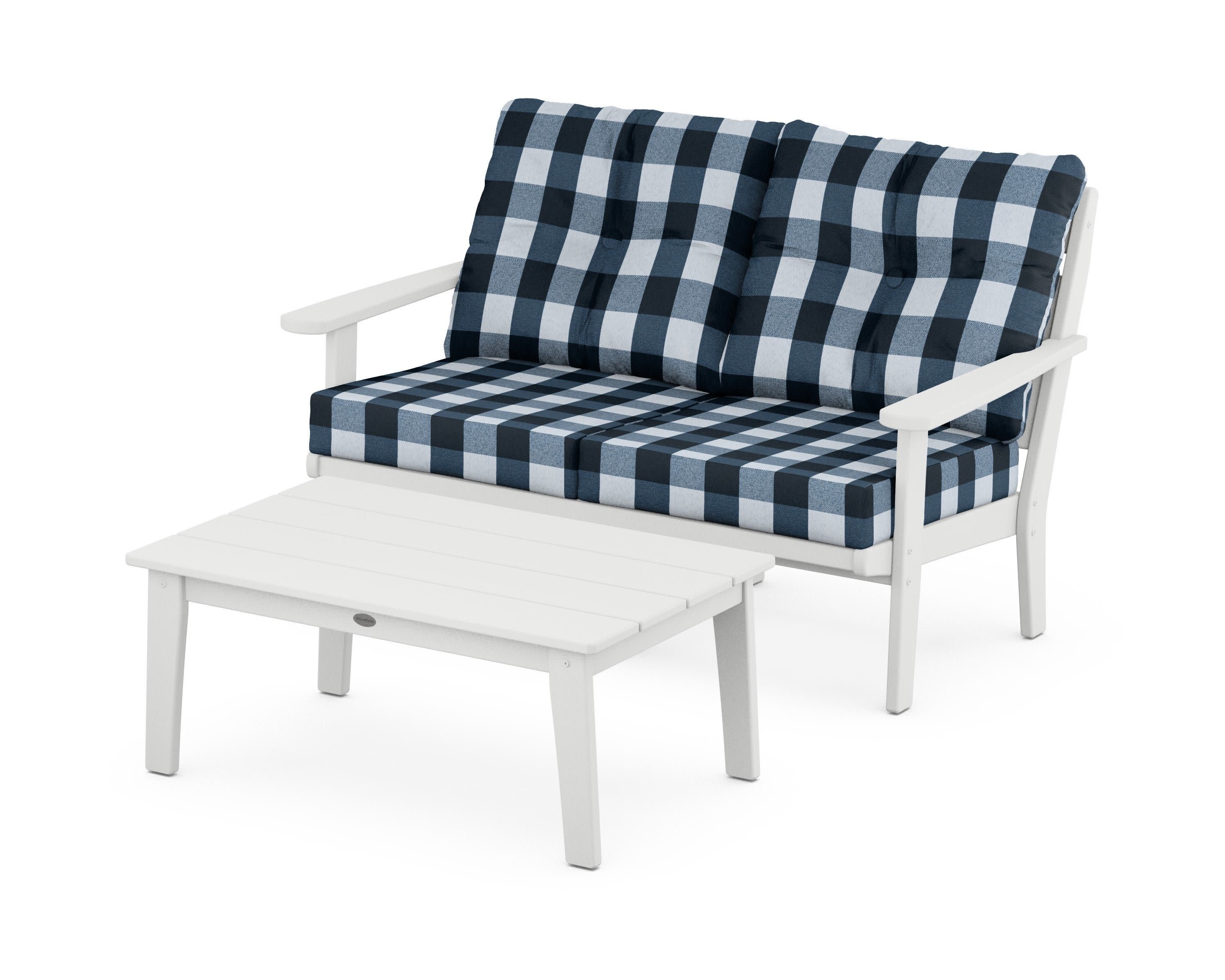 Lakeside 2-Piece Lounge Loveseat Set in White / Buffalo Plaid Marine Indigo