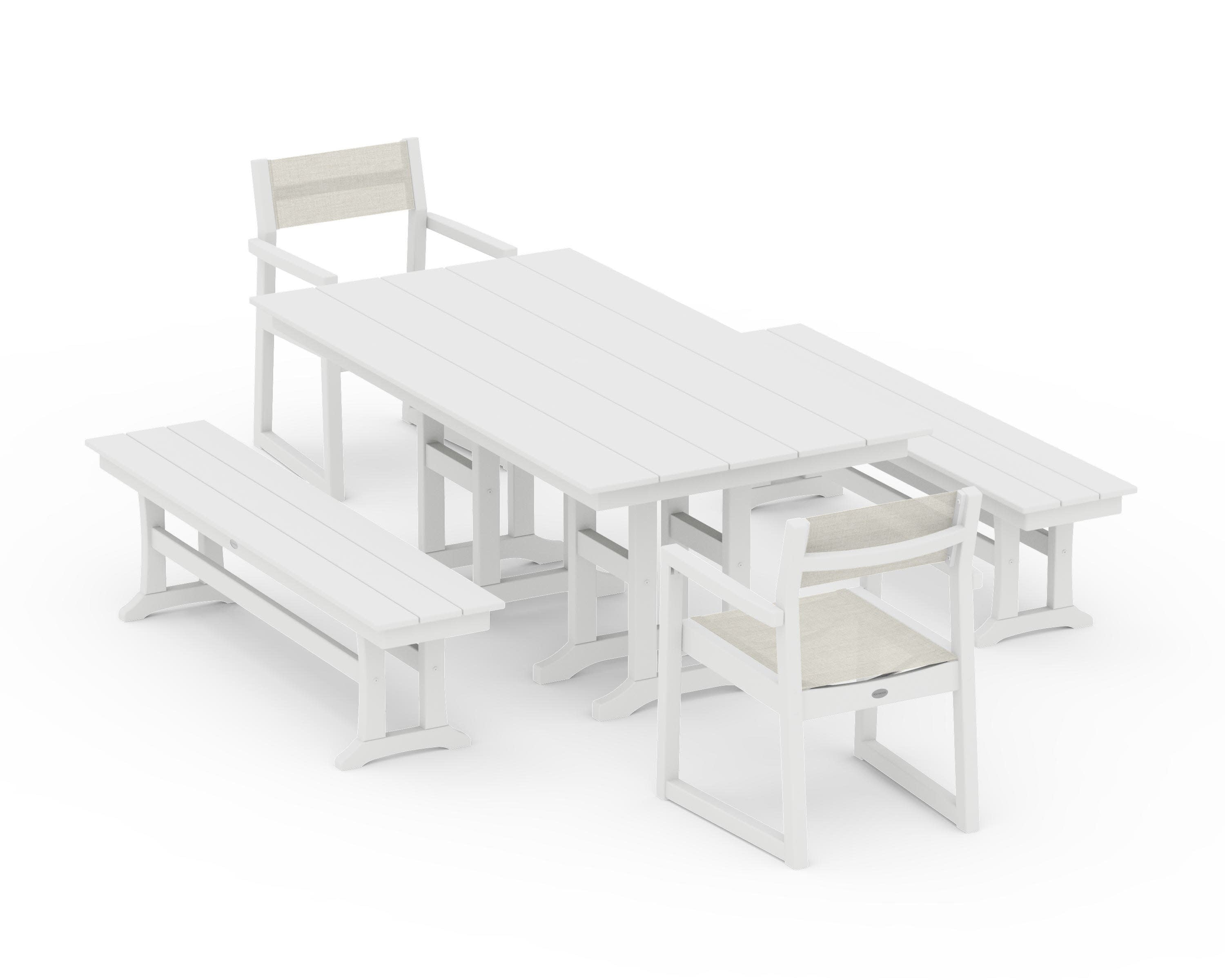 EDGE Sling Arm Chair 5-Piece Farmhouse Dining Set with Benches in White / Parchment Sling