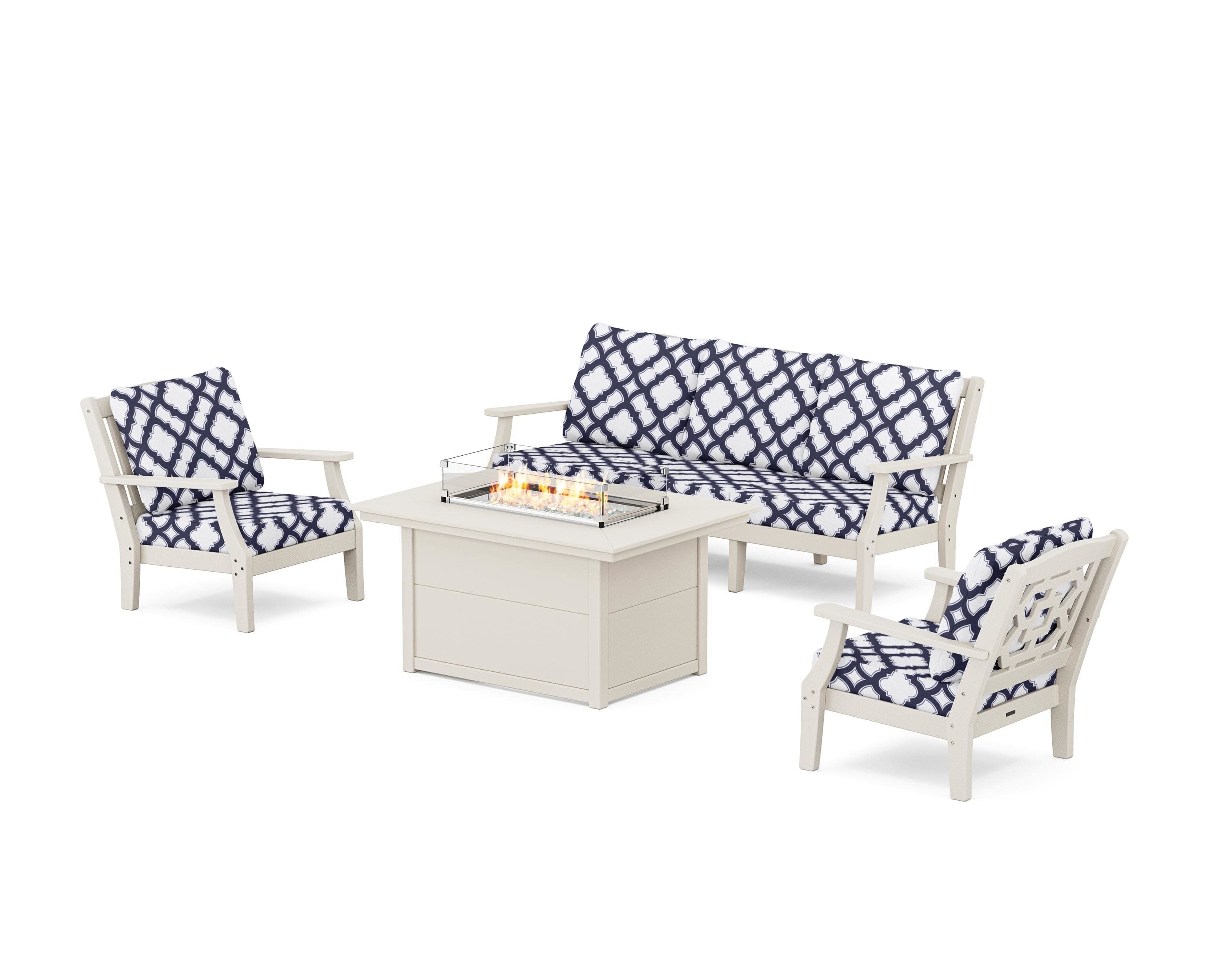 Chinoiserie Deep Seating Fire Pit Table Set in Sand / Trellis Navy