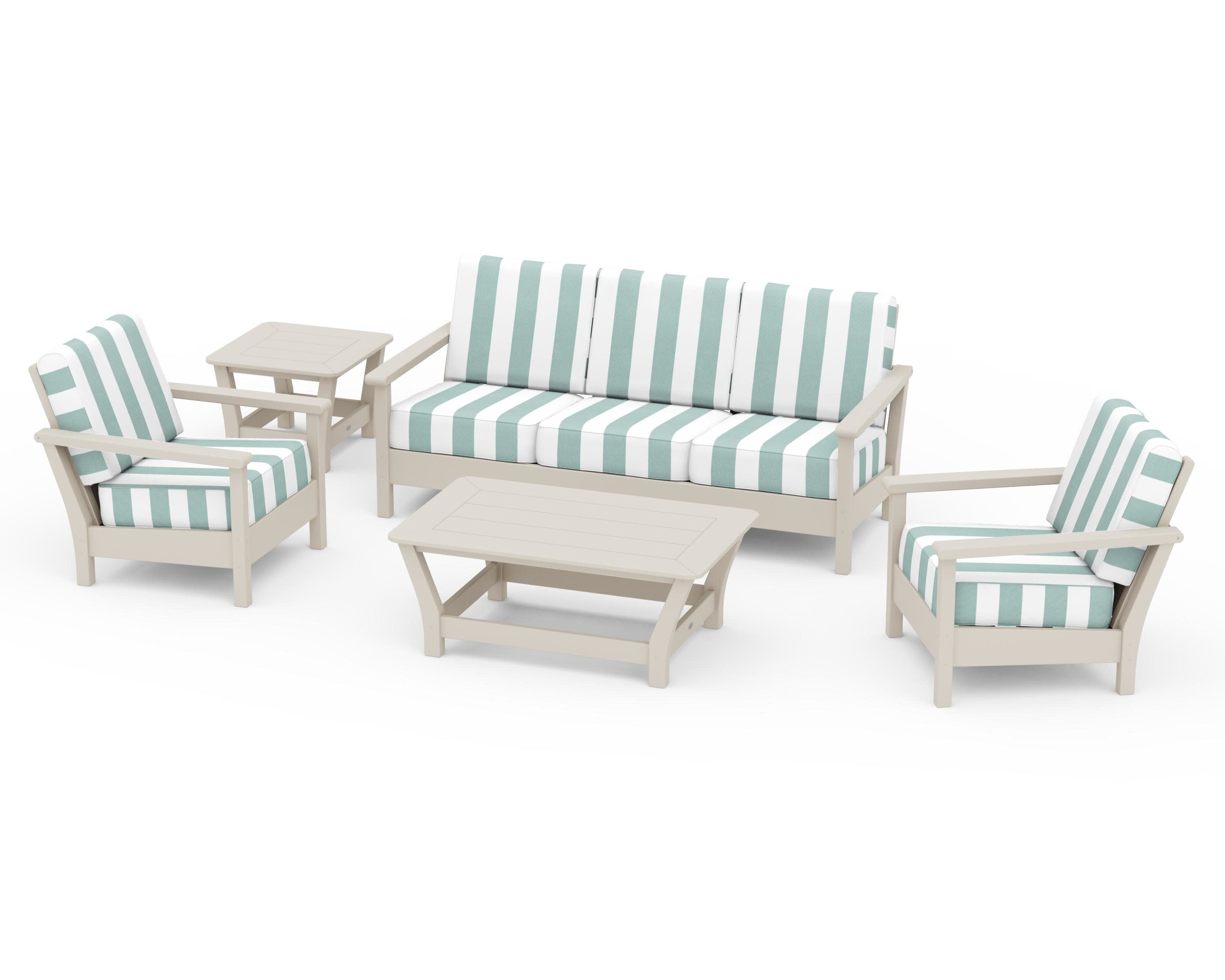 Harbour 5-Piece Deep Seating Set in Sand / Cabana Stripe Glacier Spa
