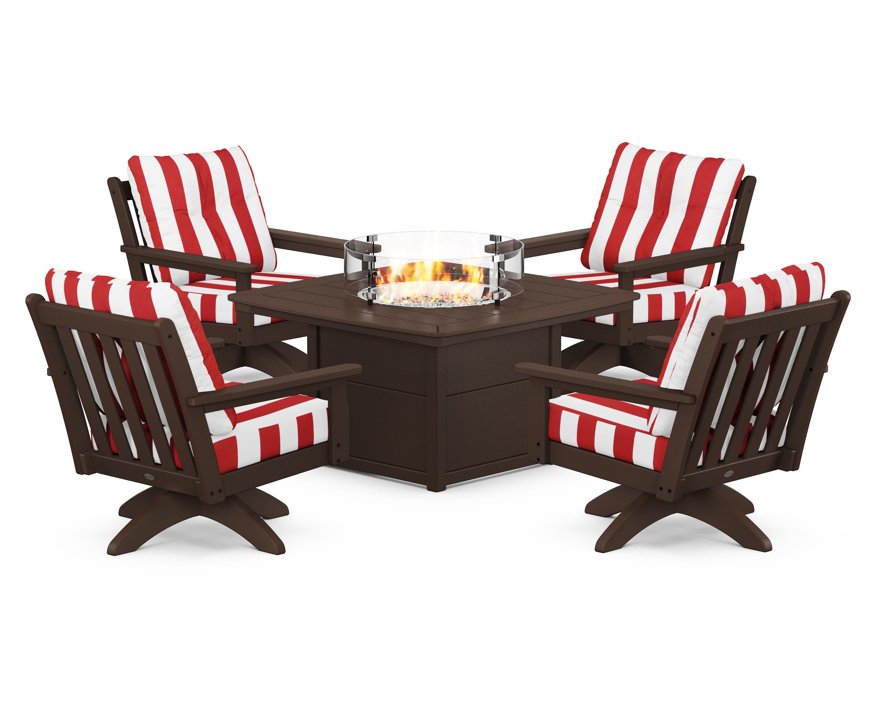 Vineyard 5-Piece Deep Seating Swivel Conversation Set with Fire Pit Table in Mahogany / Cabana Stripe Crimson