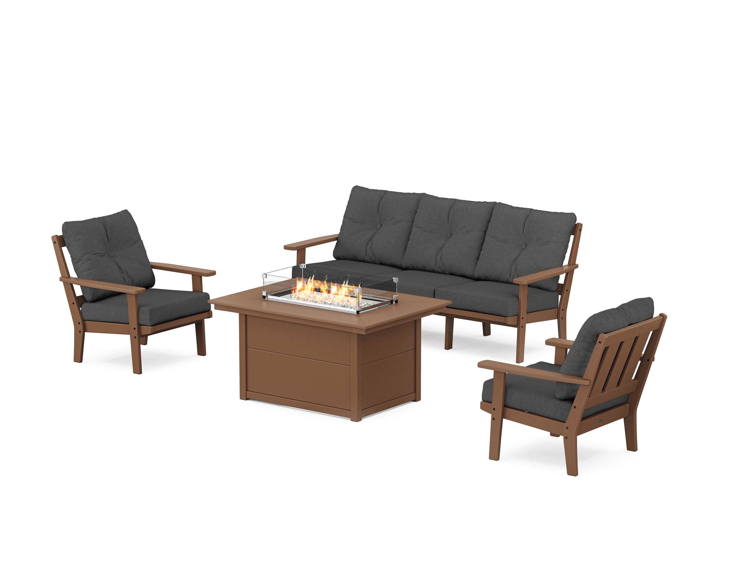 Oxford Deep Seating Fire Pit Table Set in Teak / Spectrum Carbon