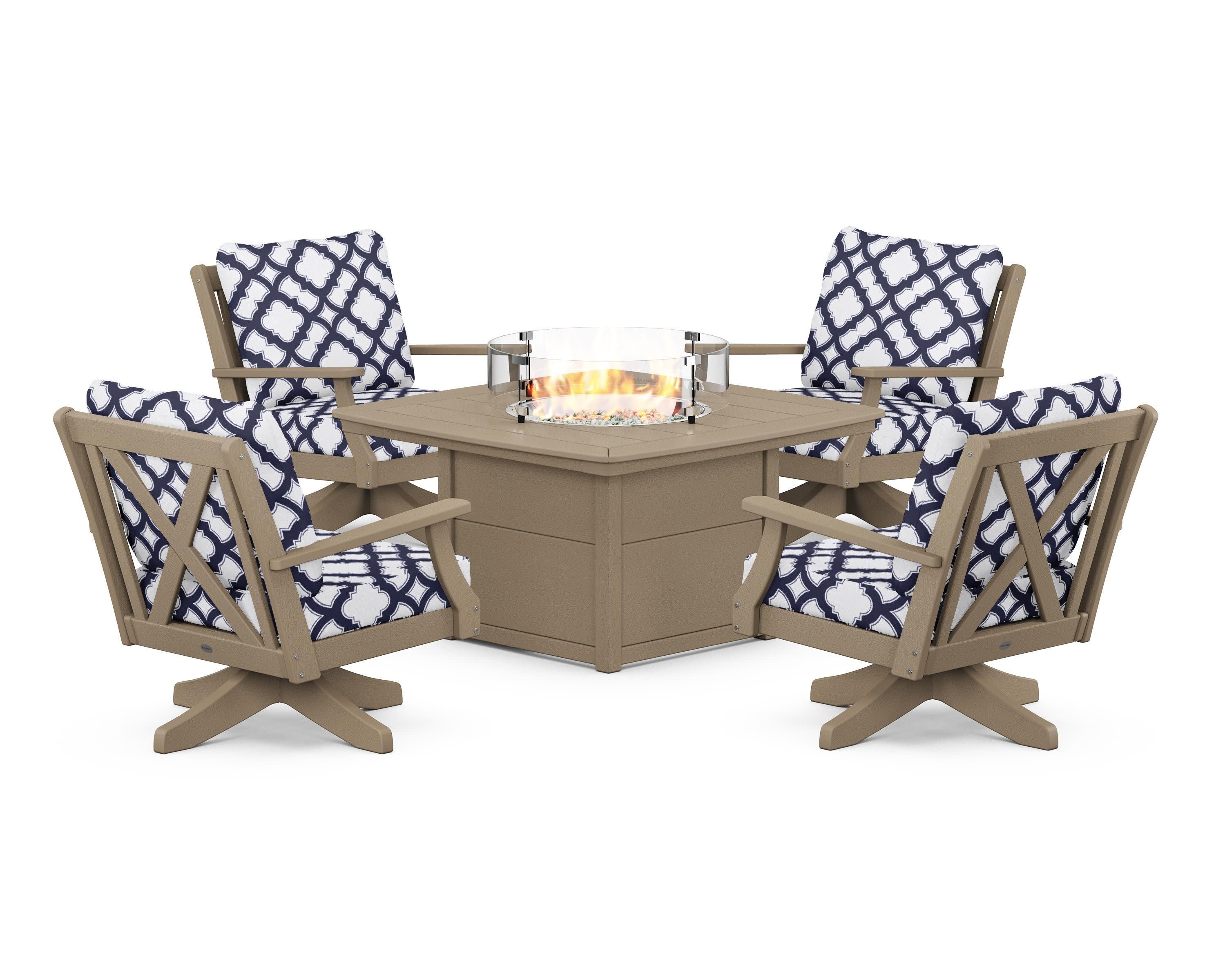 Braxton 5-Piece Deep Seating Swivel Conversation Set with Fire Pit Table in Vintage Sahara / Trellis Navy