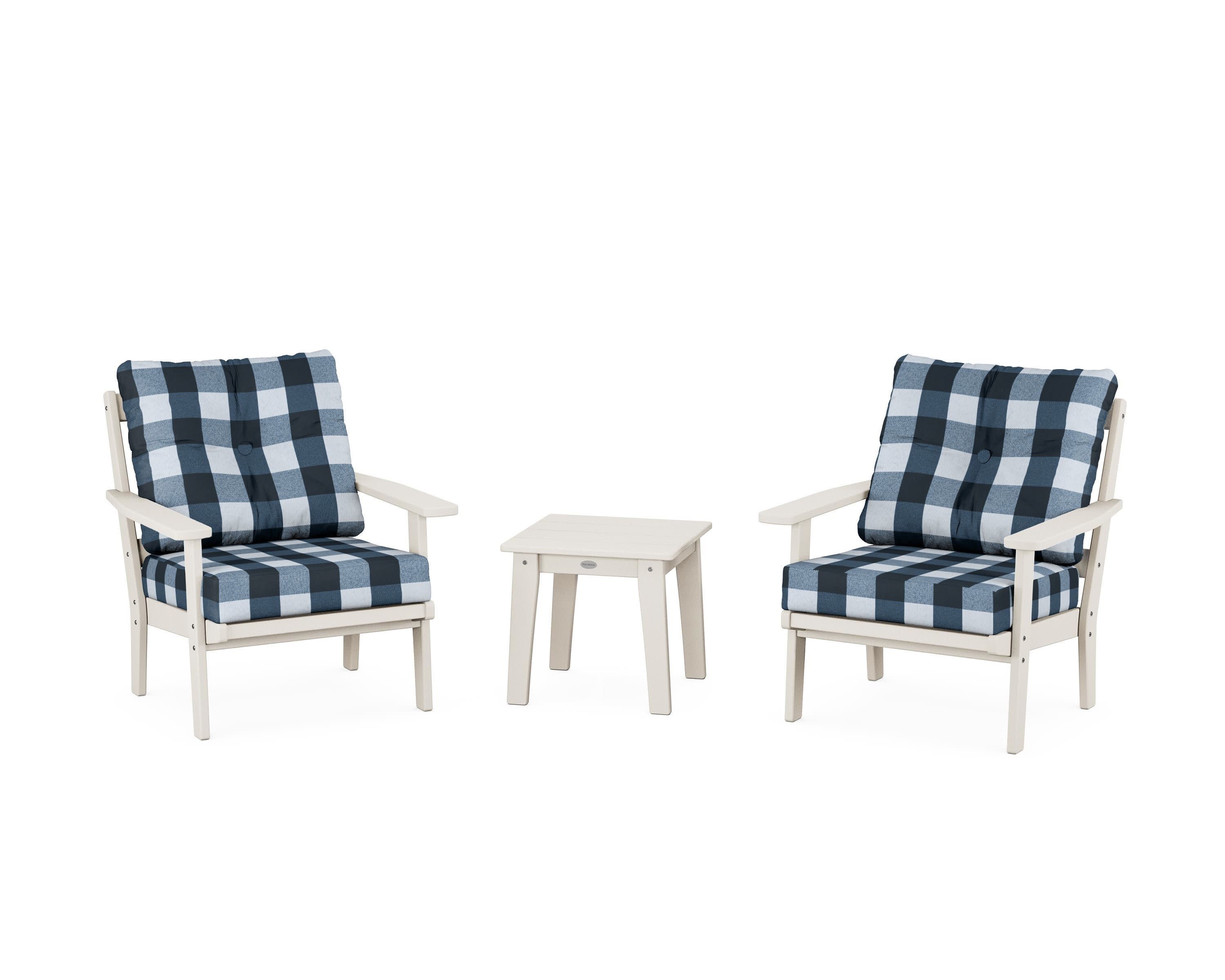 Oxford 3-Piece Deep Seating Set in Sand / Buffalo Plaid Marine Indigo