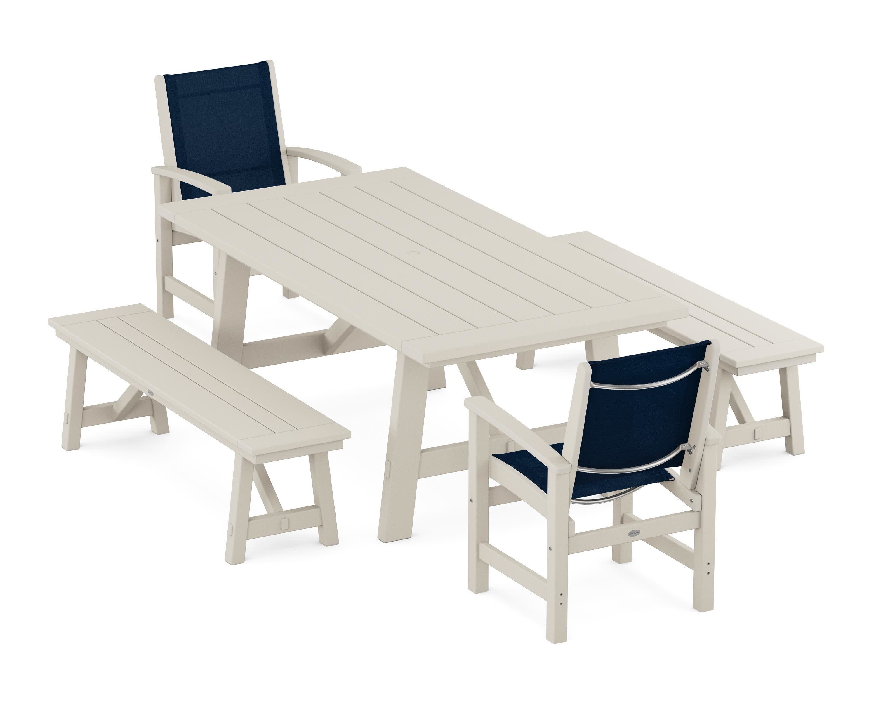 Coastal 5-Piece Rustic Farmhouse Dining Set With Benches in Sand / Navy Blue Sling