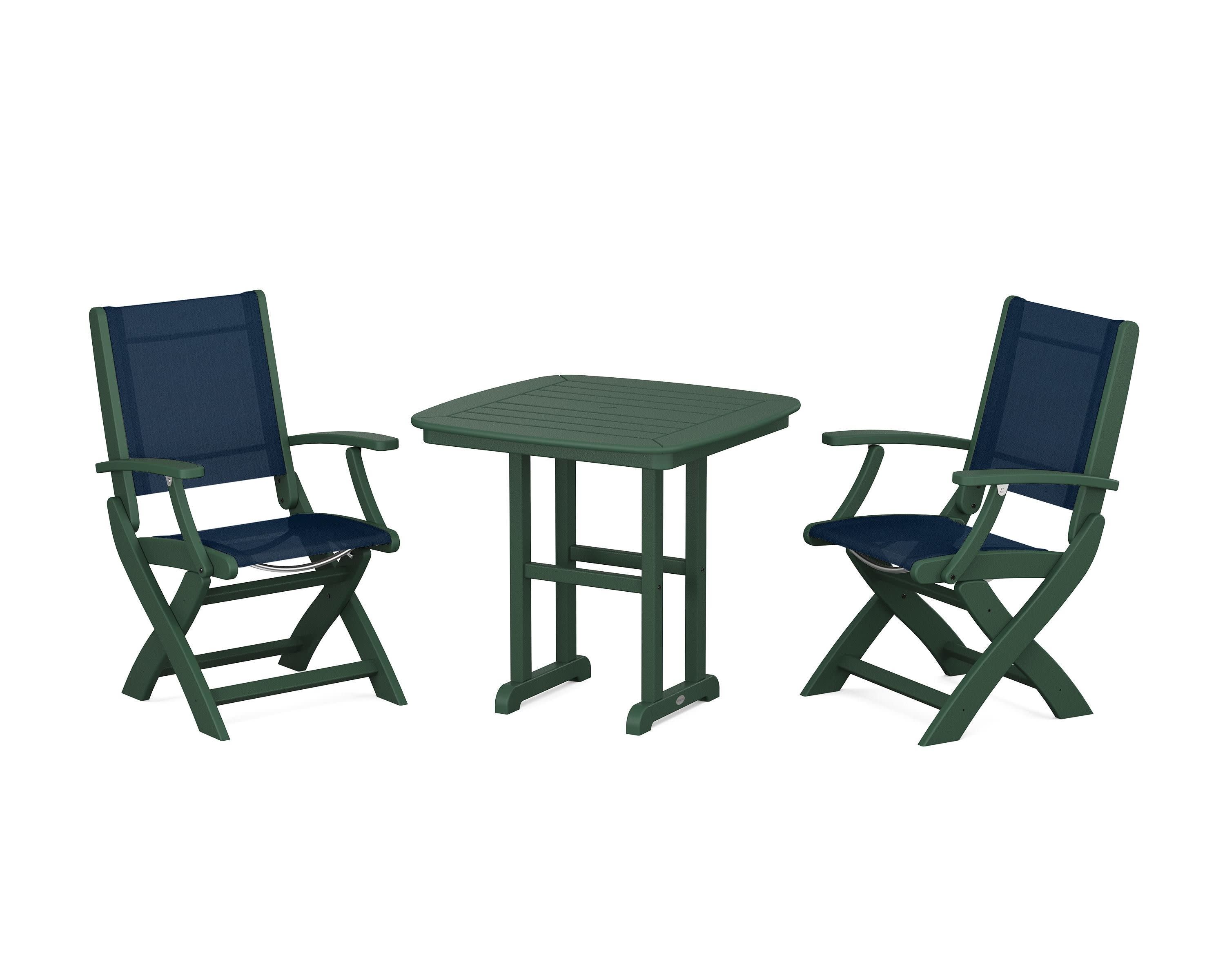 Coastal Folding Chair 3-Piece Dining Set in Green / Navy Blue Sling
