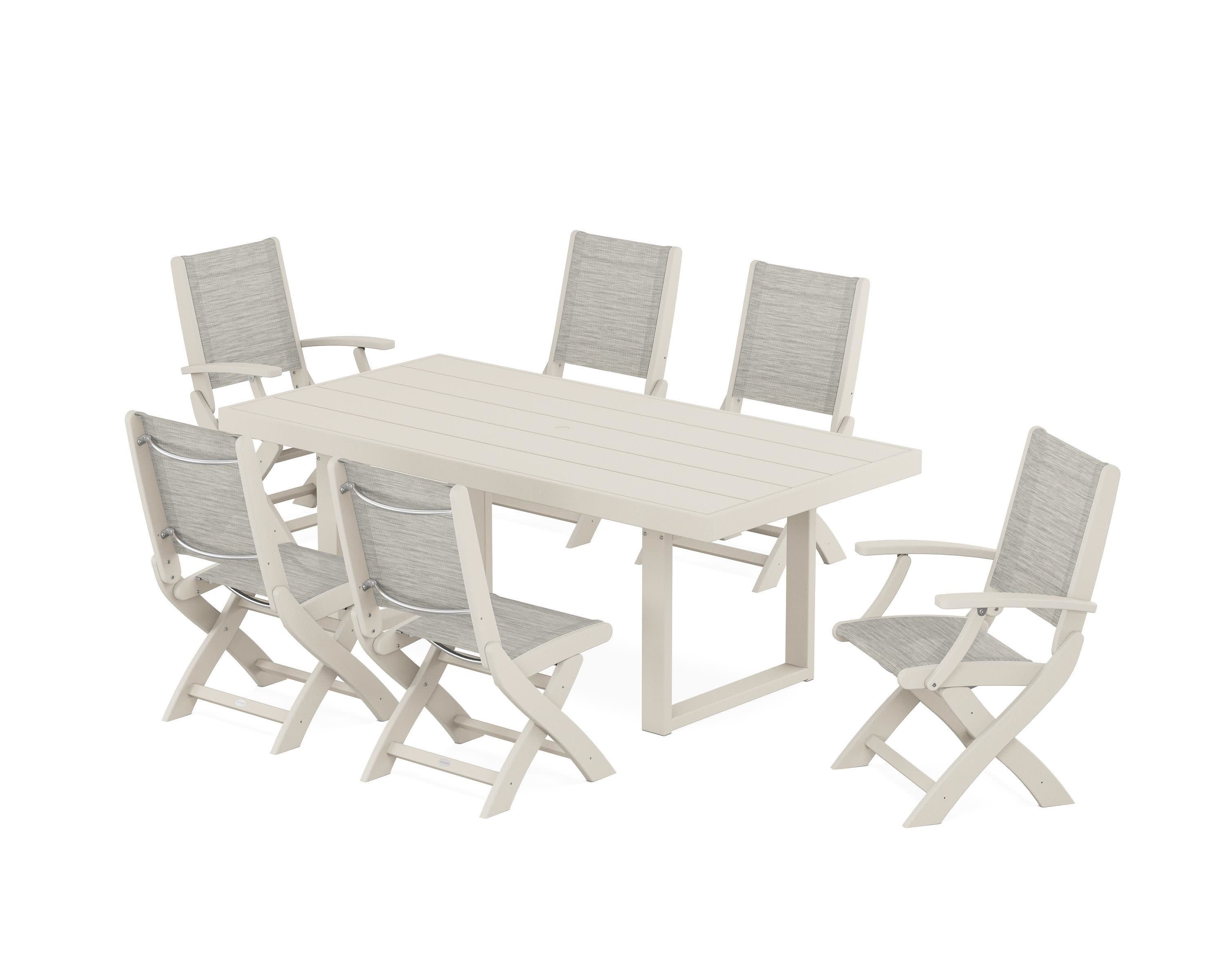 Coastal Folding Chair 7-Piece Dining Set with Trestle Legs in Sand / Birch Sling