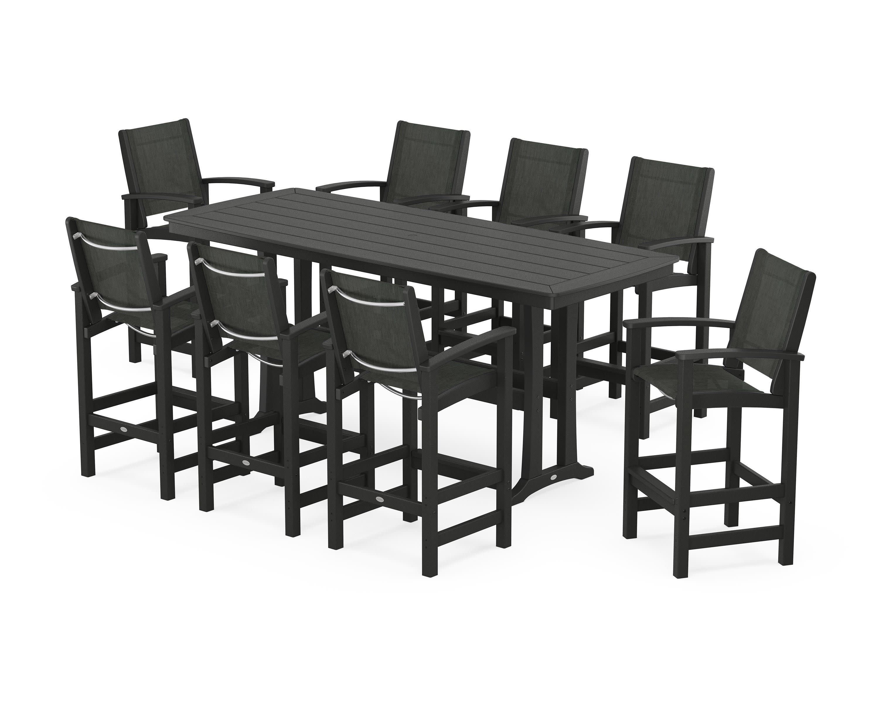 Coastal 9-Piece Bar Set with Trestle Legs in Black / Ember Sling