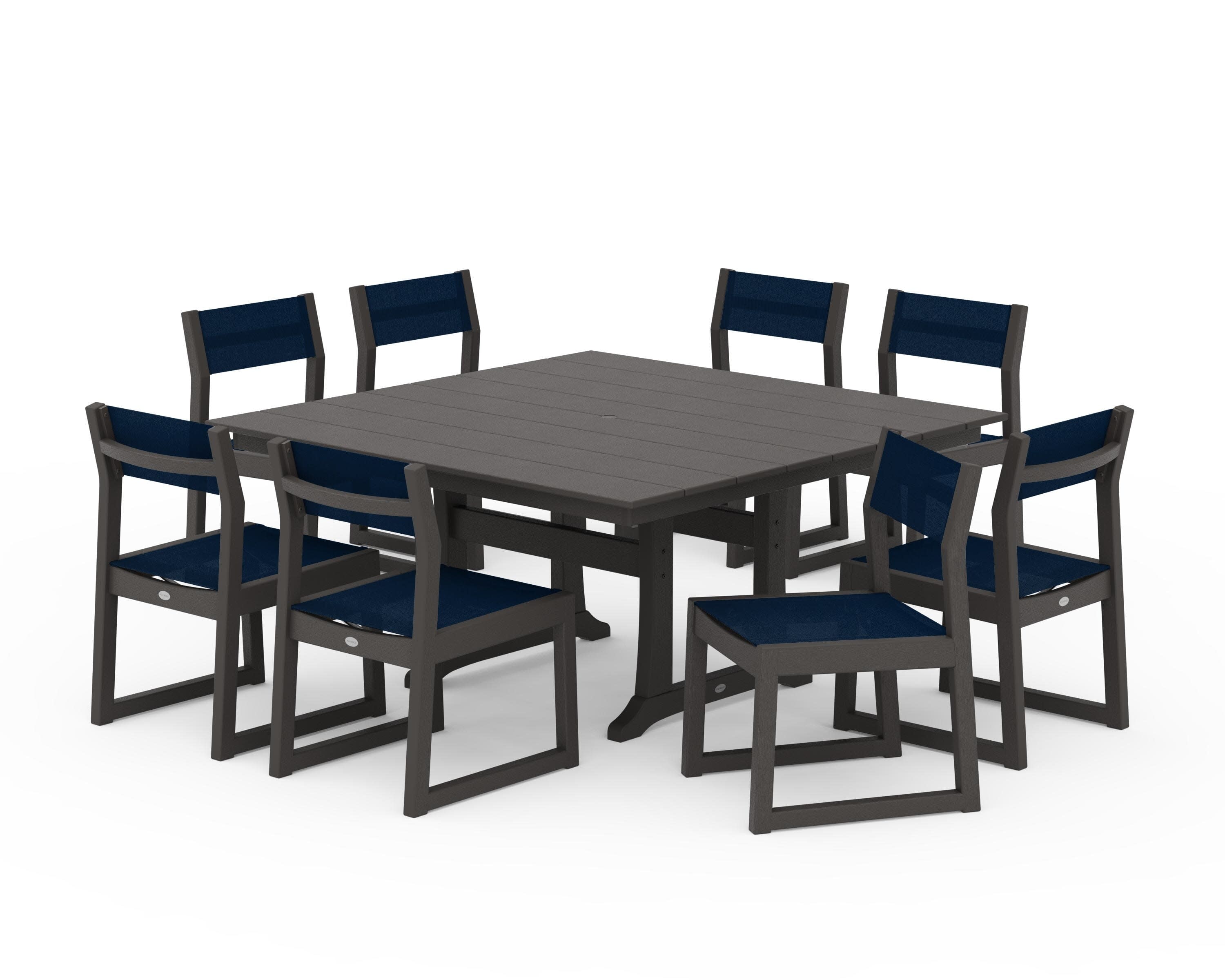EDGE Sling Side Chair 9-Piece Farmhouse Trestle Dining Set in Vintage Coffee / Navy Blue Sling