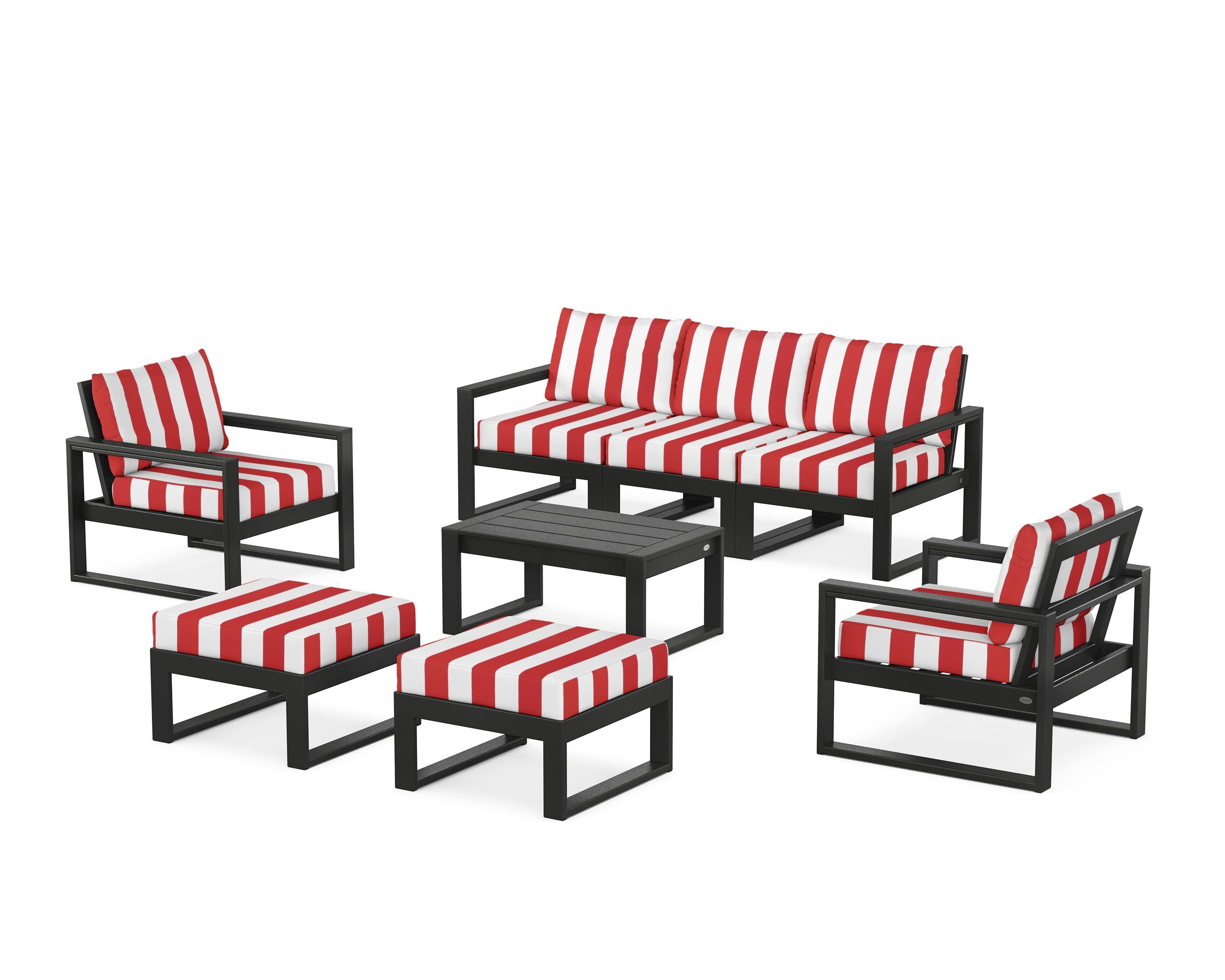EDGE Sectional 8-Piece Lounge Sofa Set in Black / Cabana Stripe Crimson