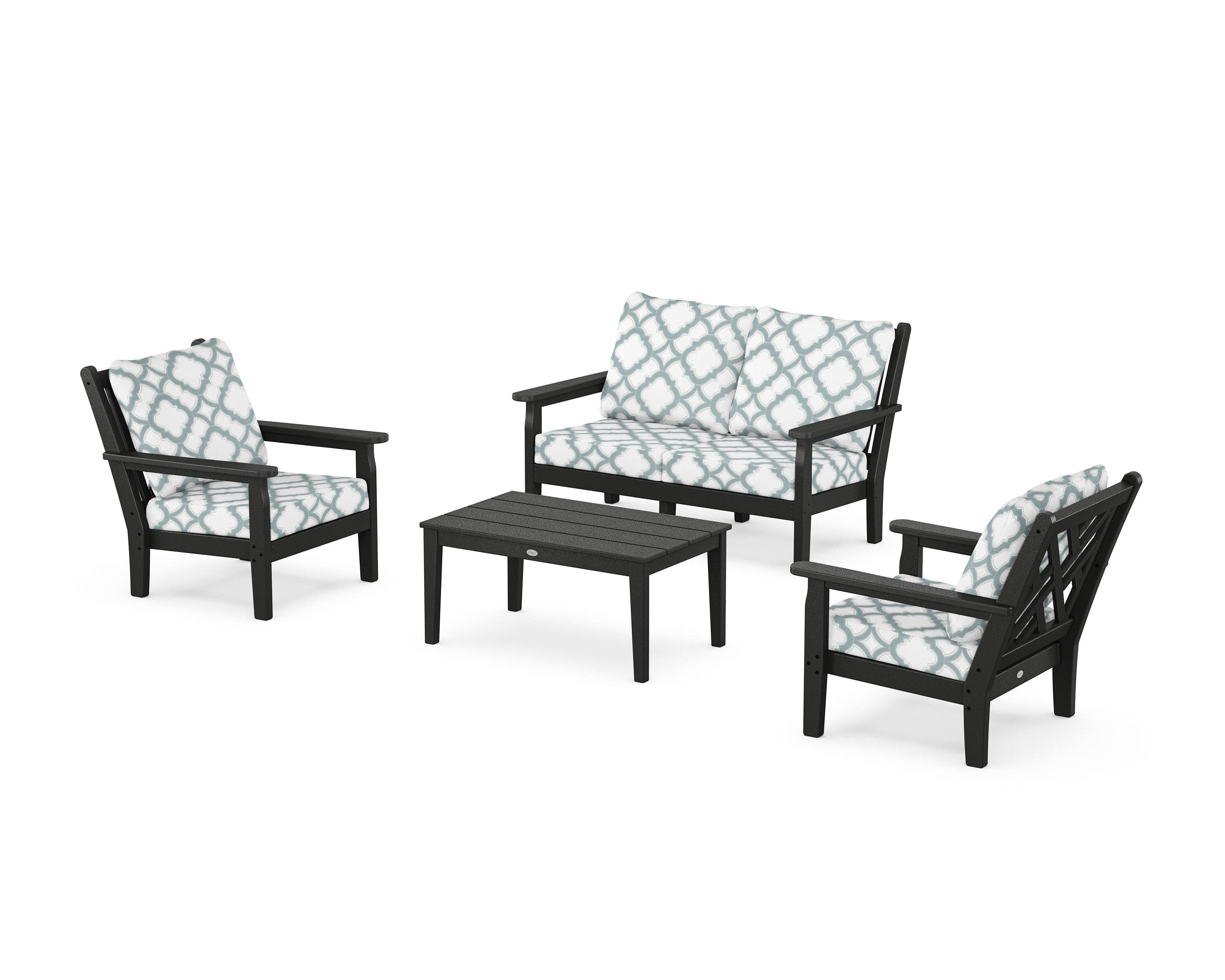 Chippendale 4-Piece Deep Seating Set with Loveseat in Black / Trellis Glacier Spa