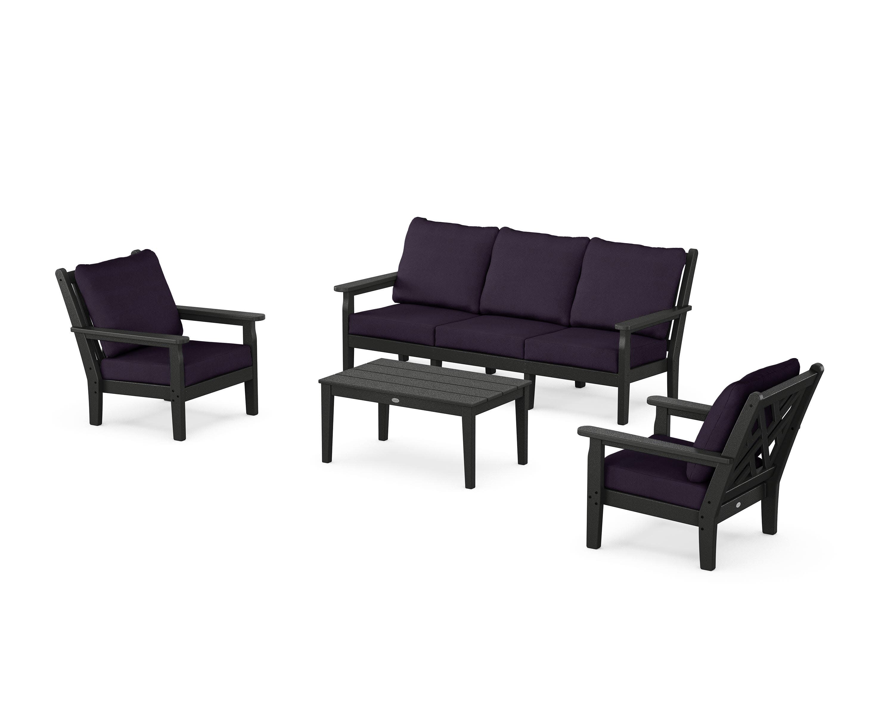 Chippendale 4-Piece Deep Seating Set with Sofa in Black / Navy Linen