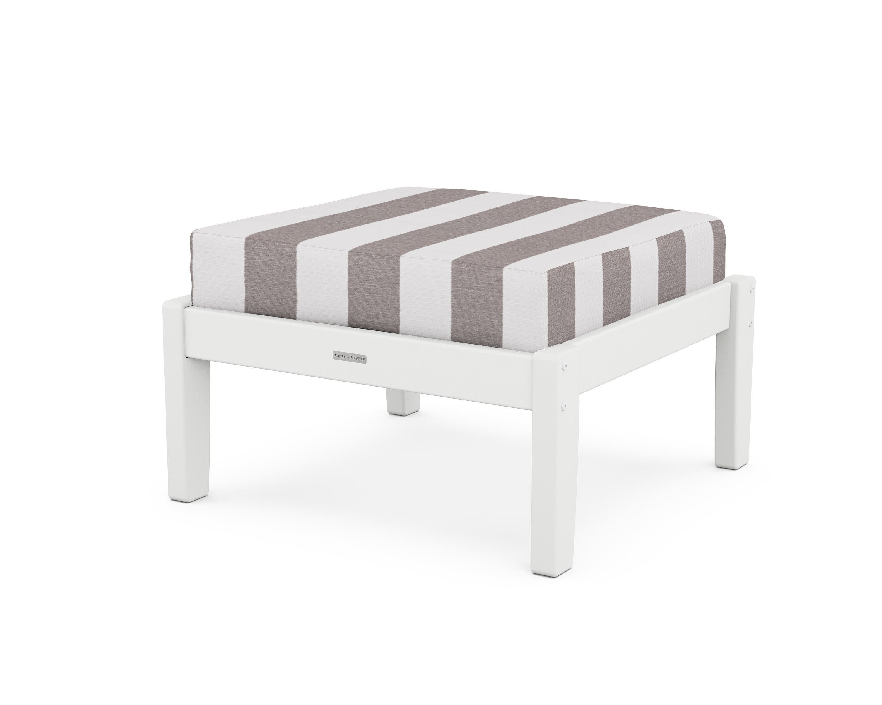 Chinoiserie Deep Seating Ottoman in White / Cabana Stripe Grey Mist