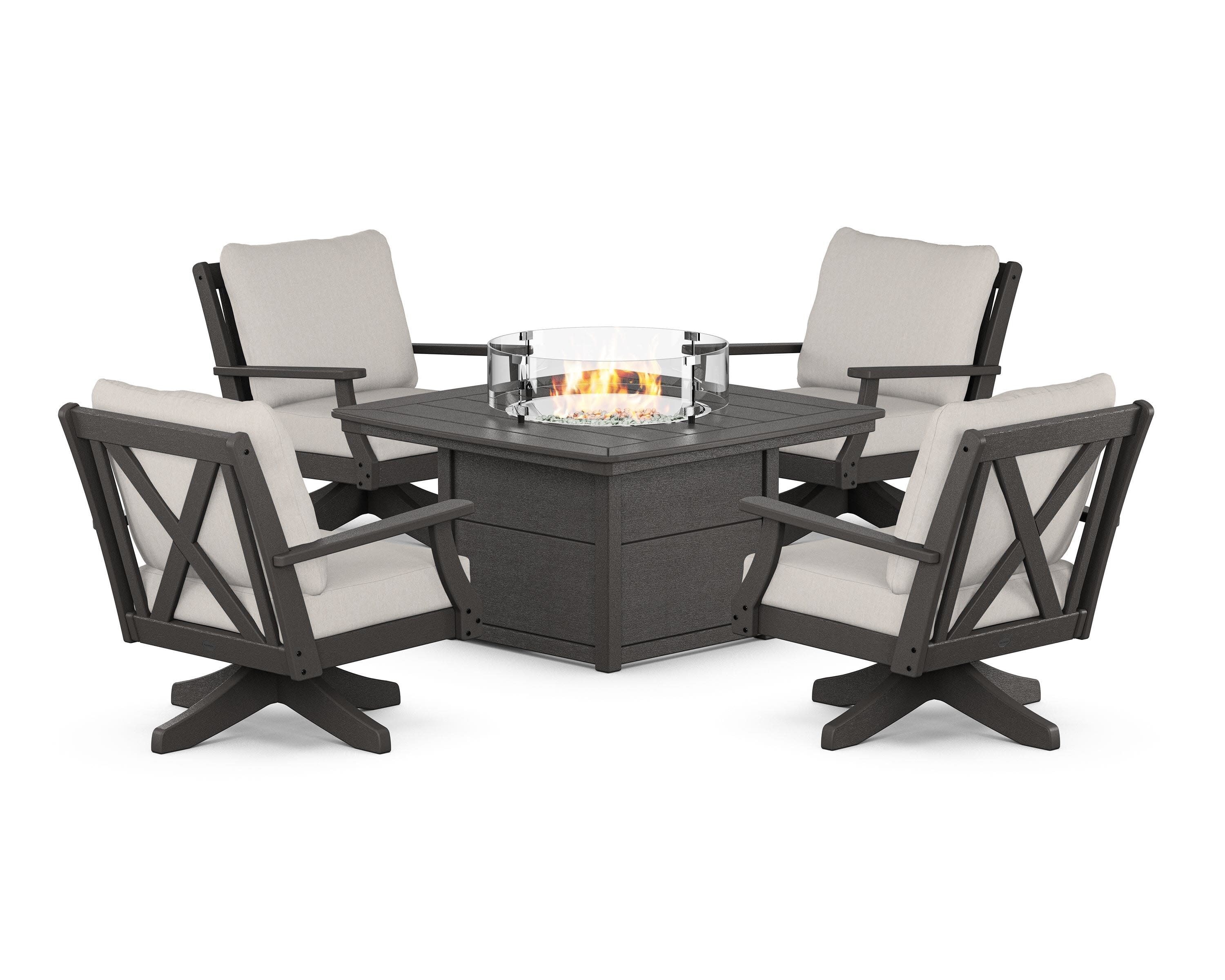 Braxton 5-Piece Deep Seating Swivel Conversation Set with Fire Pit Table in Vintage Coffee / Cast Ash