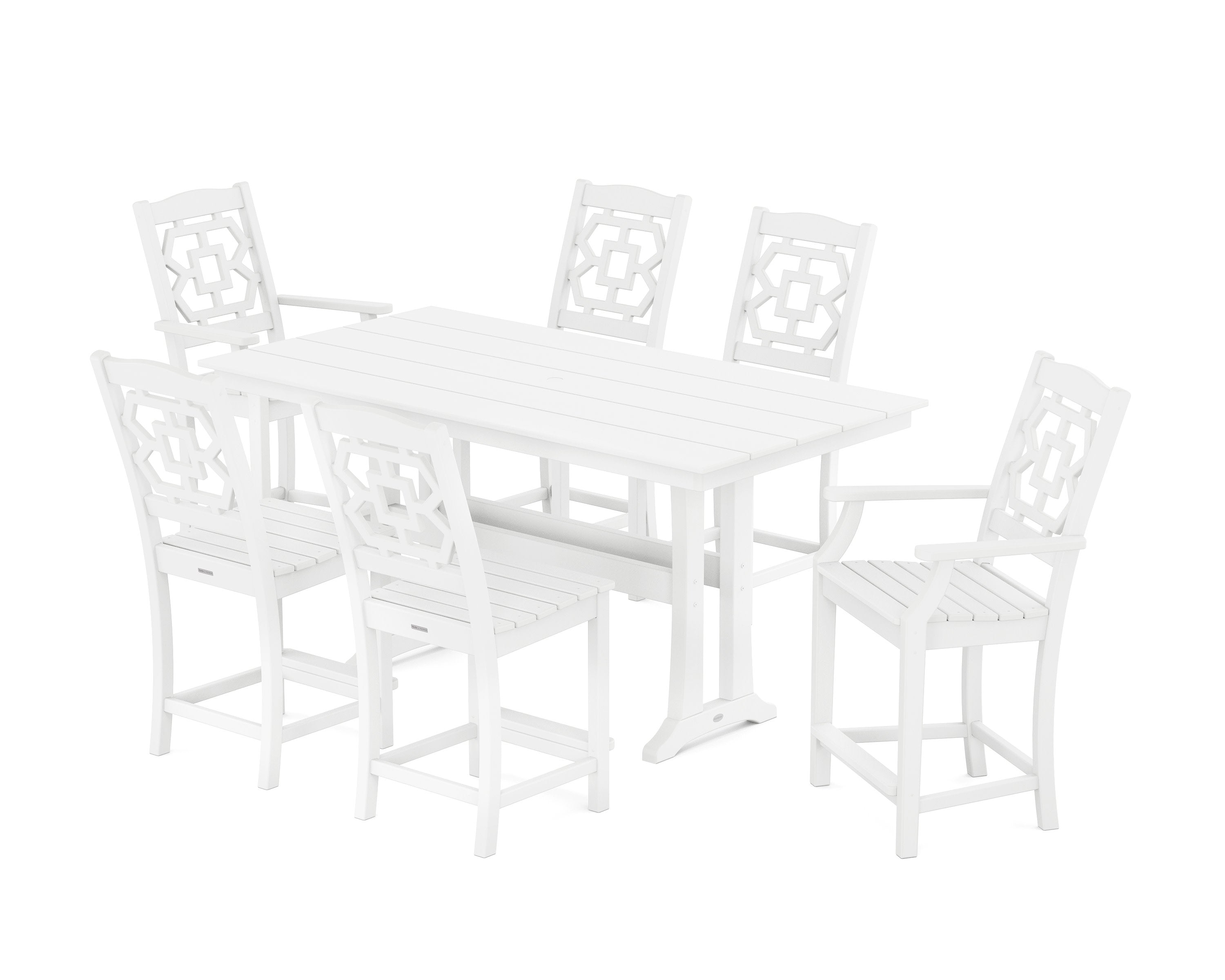 Chinoiserie 7-Piece Farmhouse Counter Set with Trestle Legs in White