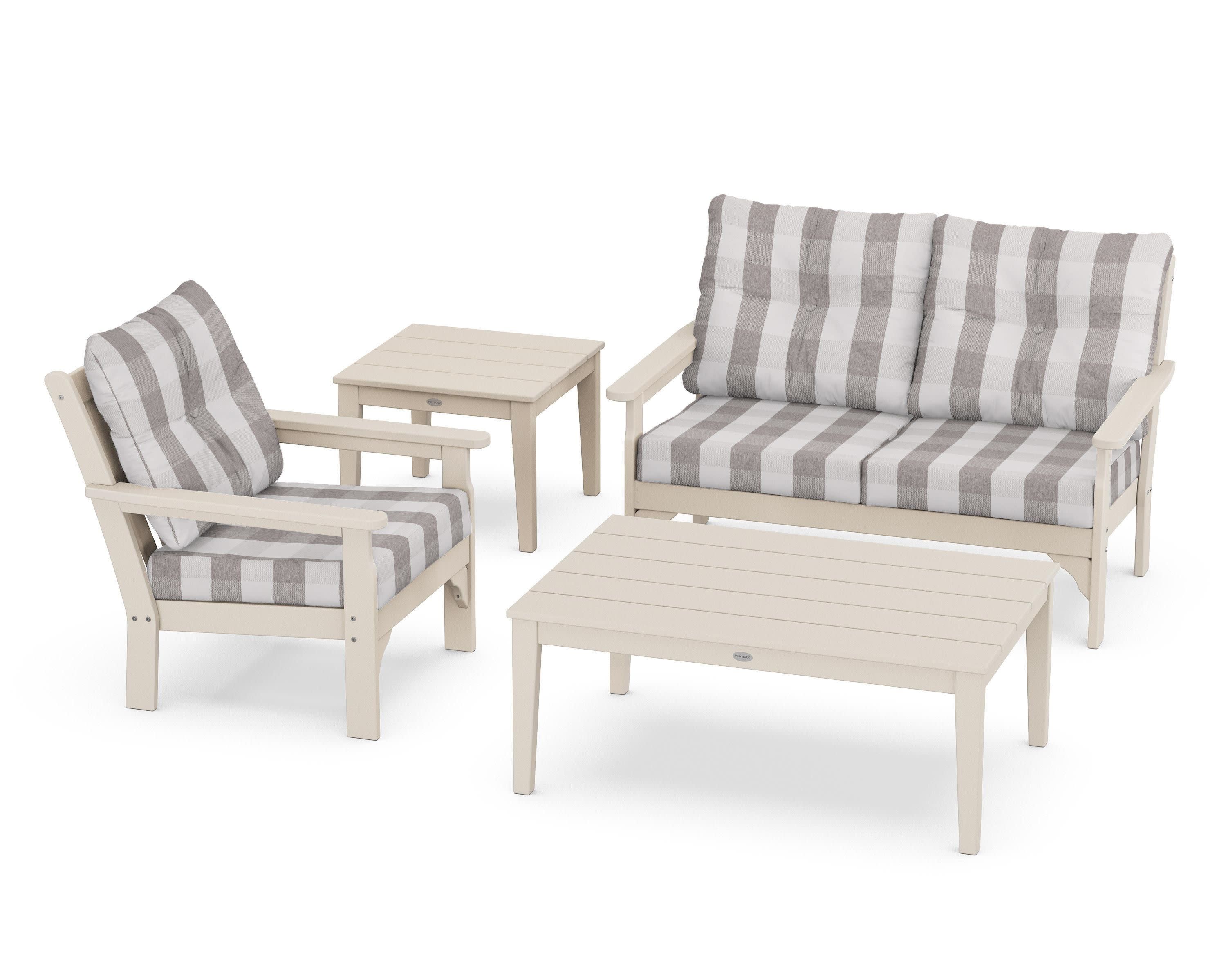 Vineyard 4-Piece Deep Seating Set in Sand / Buffalo Plaid Grey Mist