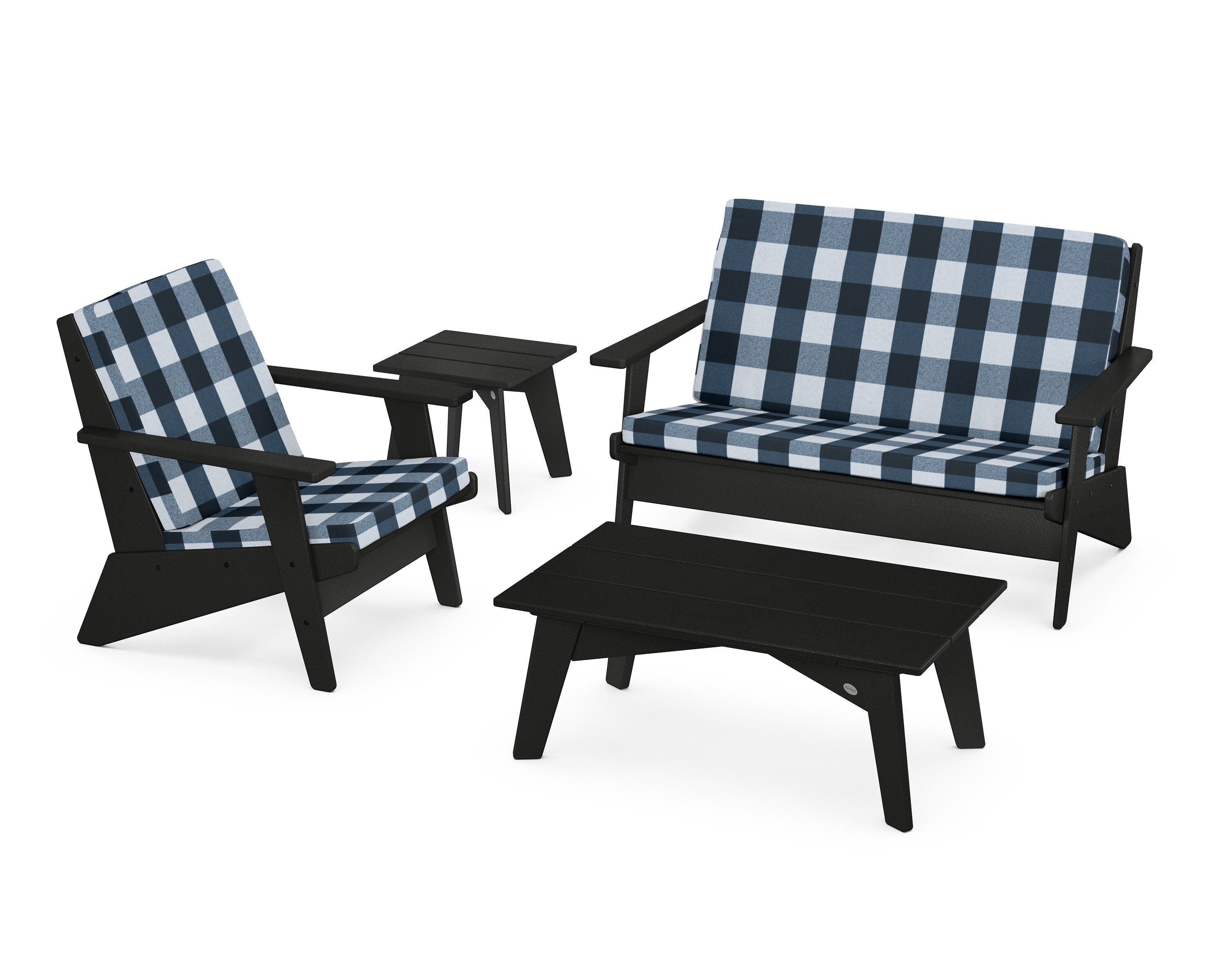 Riviera Modern Lounge 4-Piece Set in Black / Buffalo Plaid Marine Indigo