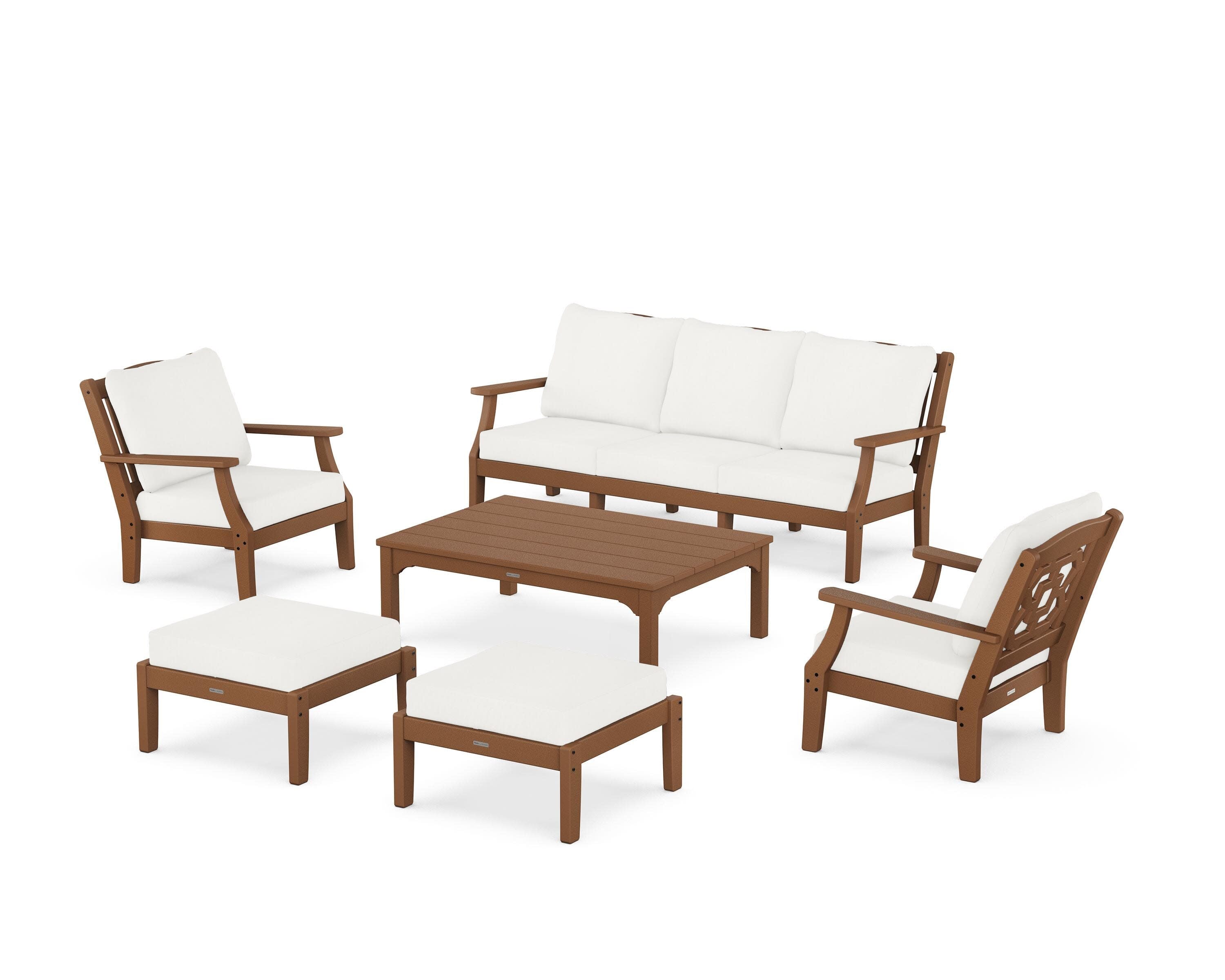 Chinoiserie 6-Piece Lounge Sofa Set in Teak / Natural Linen
