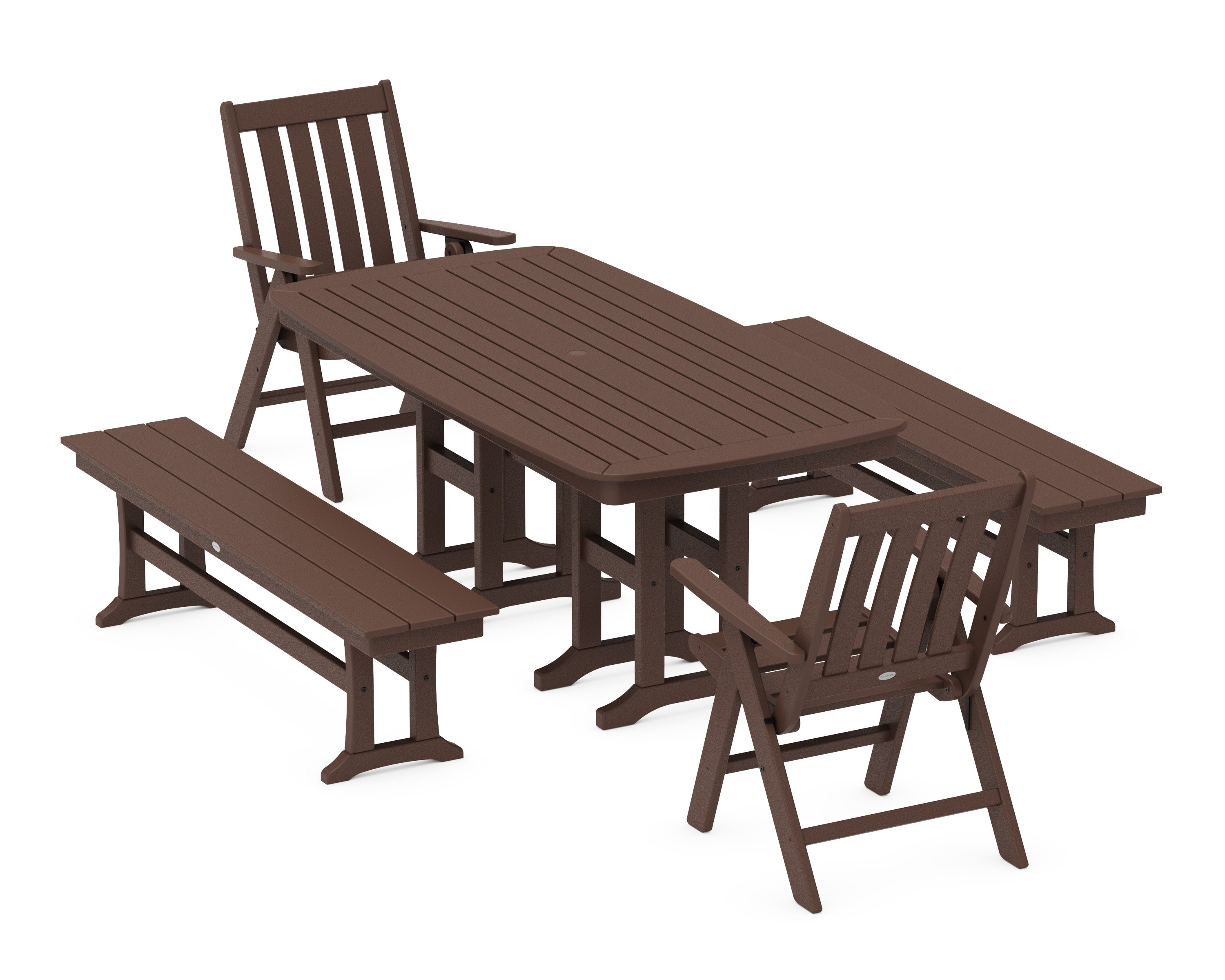 Vineyard Folding Chair 6-Piece Dining Set with Benches in Mahogany
