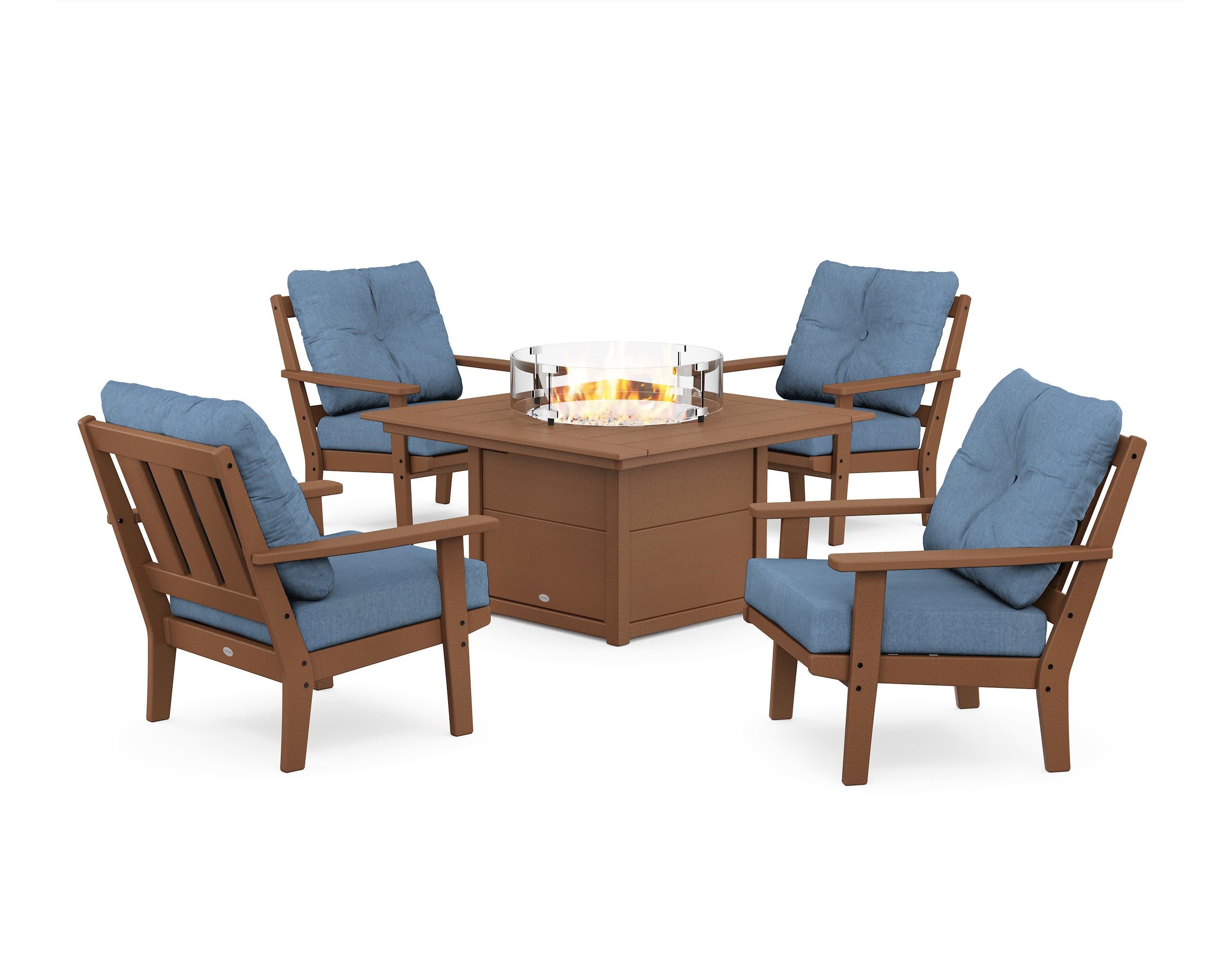 Oxford 5-Piece Deep Seating Set with Fire Pit Table in Teak / Sky Blue