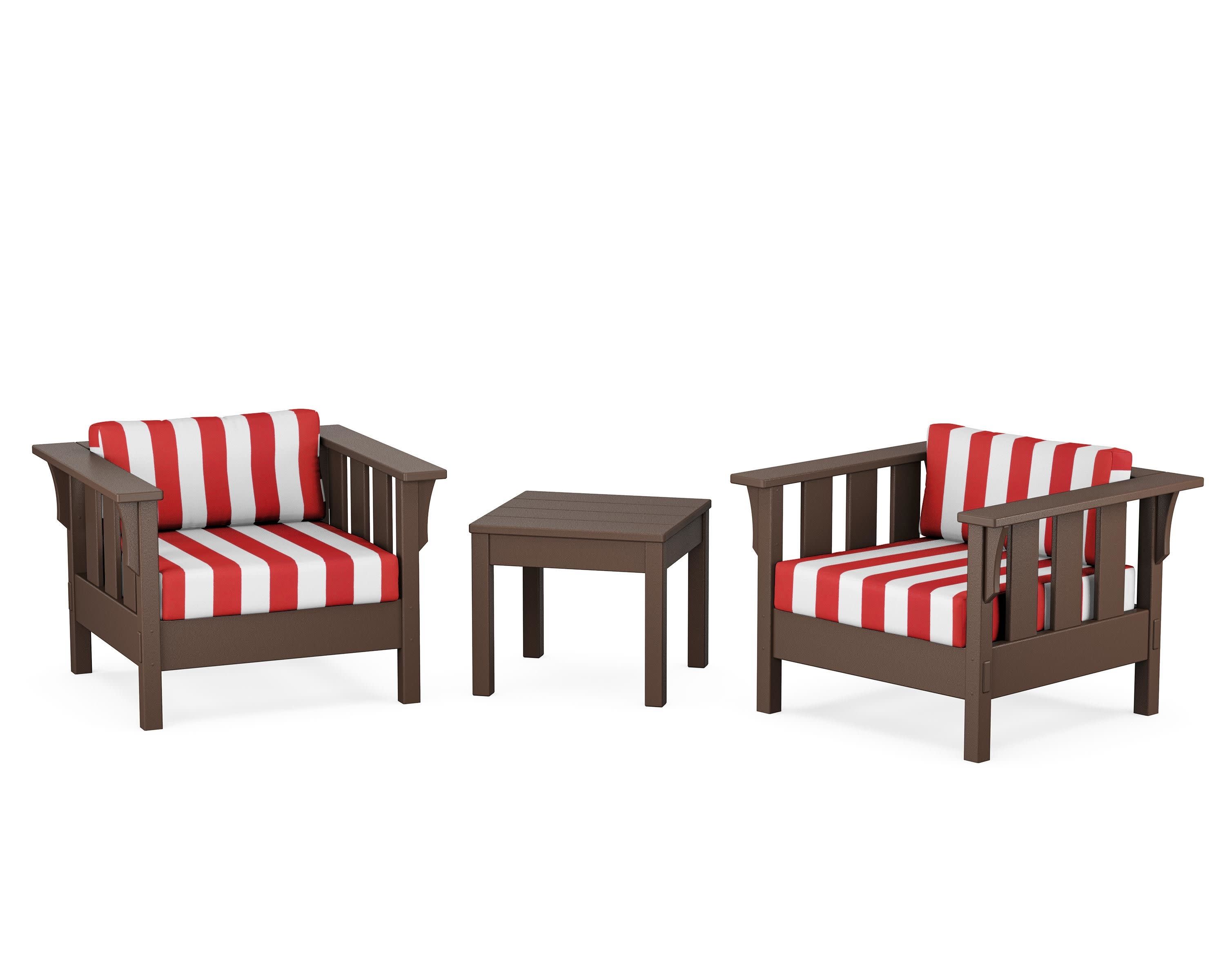 Acadia 3-Piece Deep Seating Set in Mahogany / Cabana Stripe Crimson