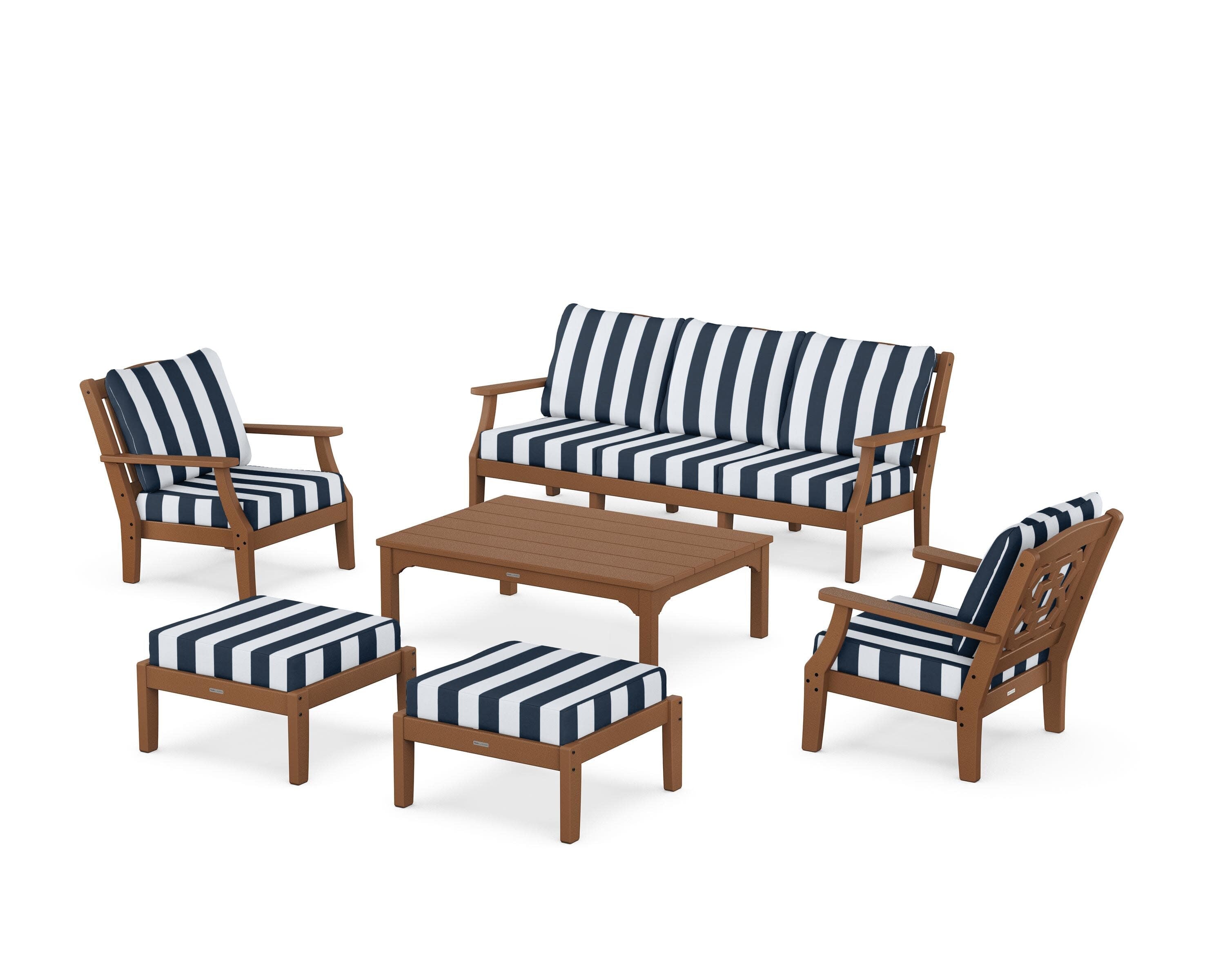 Chinoiserie 6-Piece Lounge Sofa Set in Teak / Cabana Stripe Marine Indigo