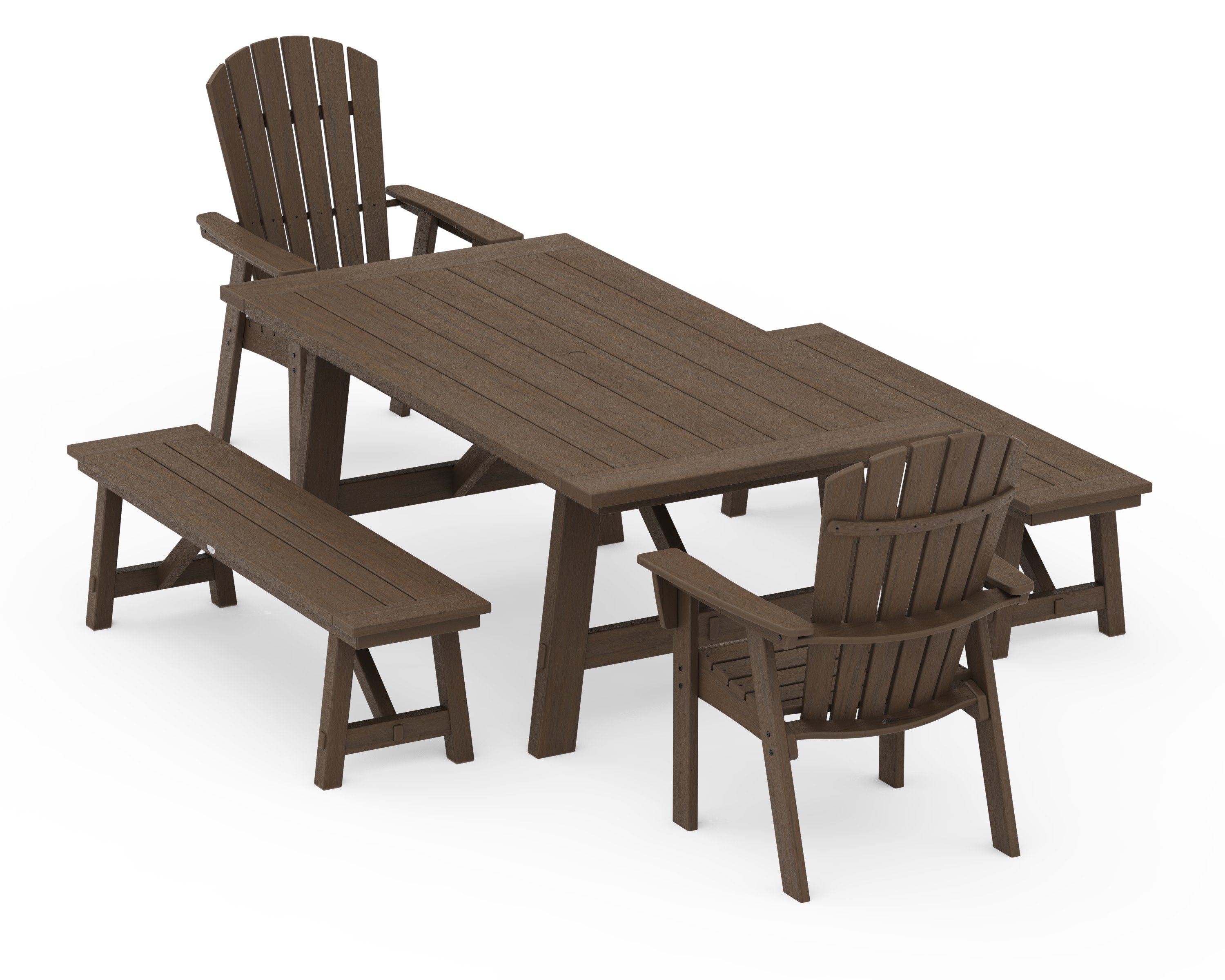 Nautical Curveback Adirondack 5-Piece Rustic Farmhouse Dining Set With Benches in Kona