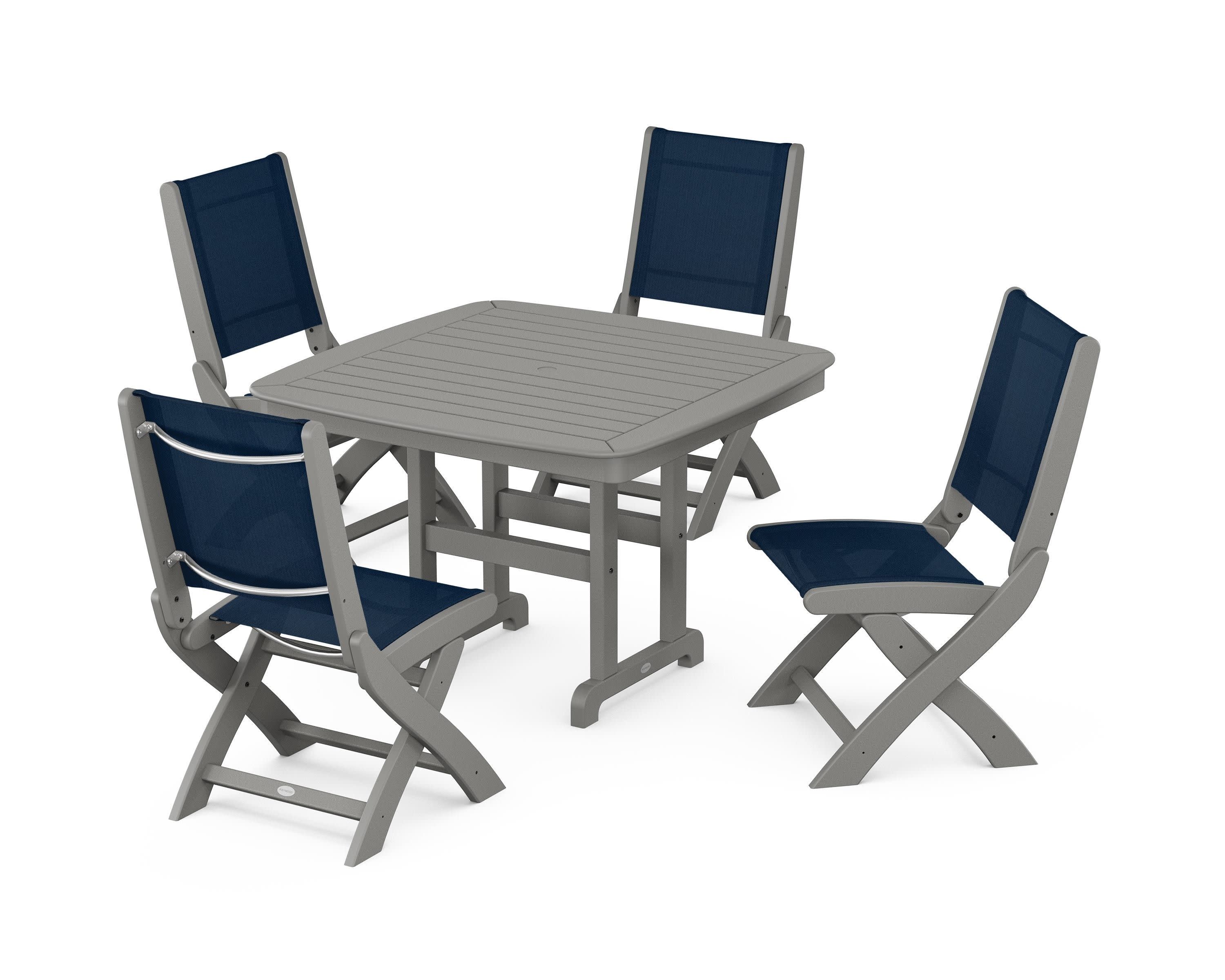 Coastal Folding Side Chair 5-Piece Dining Set in Slate Grey / Navy Blue Sling