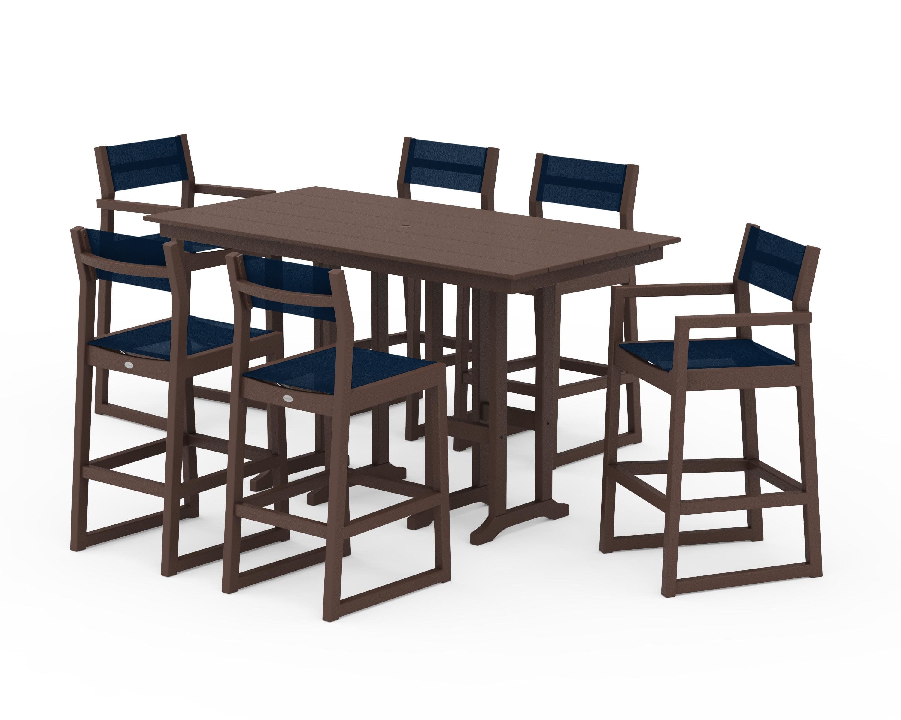EDGE Sling 7-Piece Farmhouse Bar Set in Mahogany / Navy Blue Sling