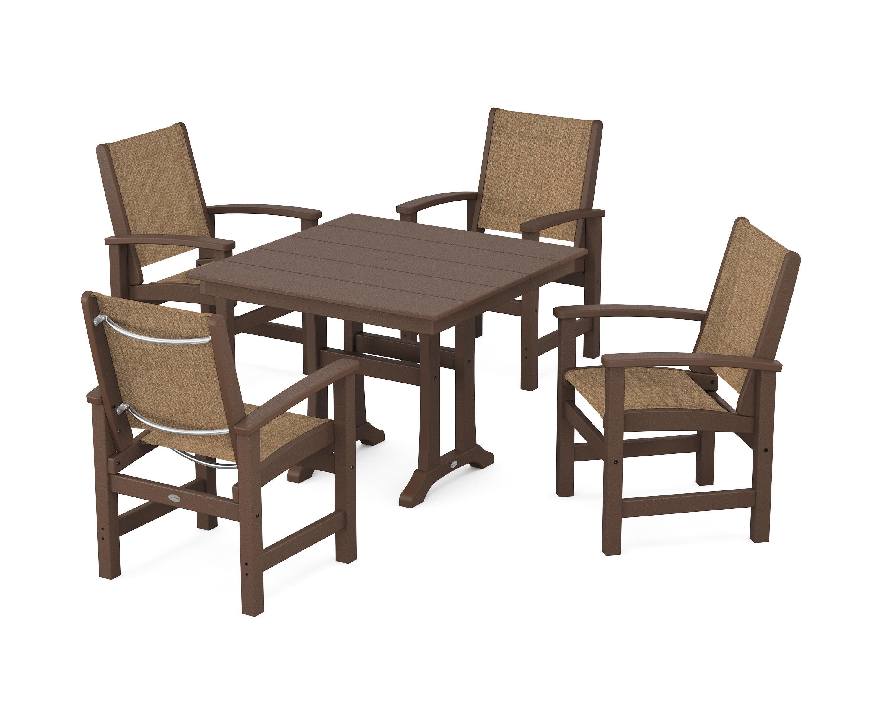 Coastal 5-Piece Farmhouse Dining Set With Trestle Legs in Mahogany / Burlap Sling