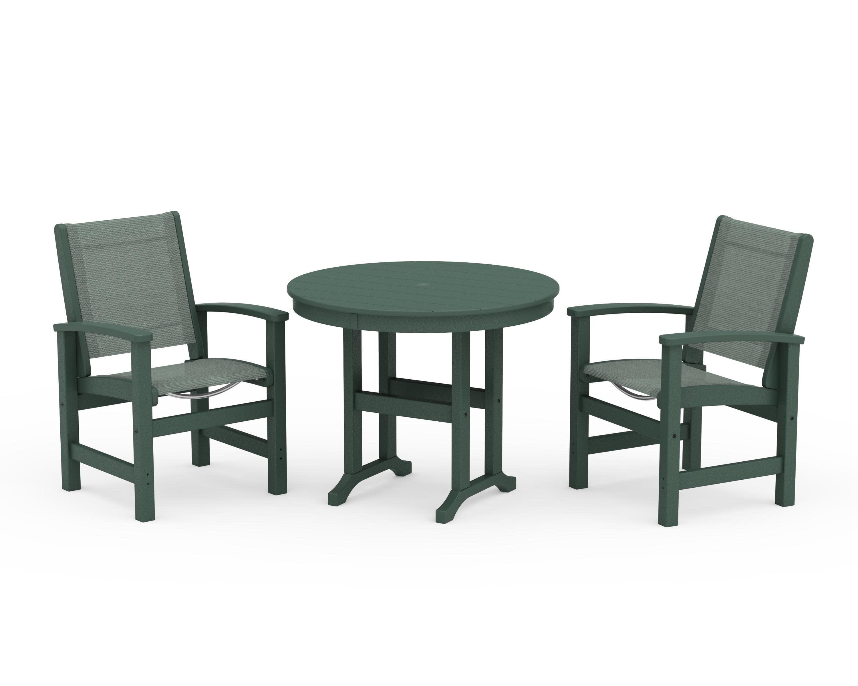 Coastal 3-Piece Round Dining Set in Green / Dupioni Sea Mist Sling