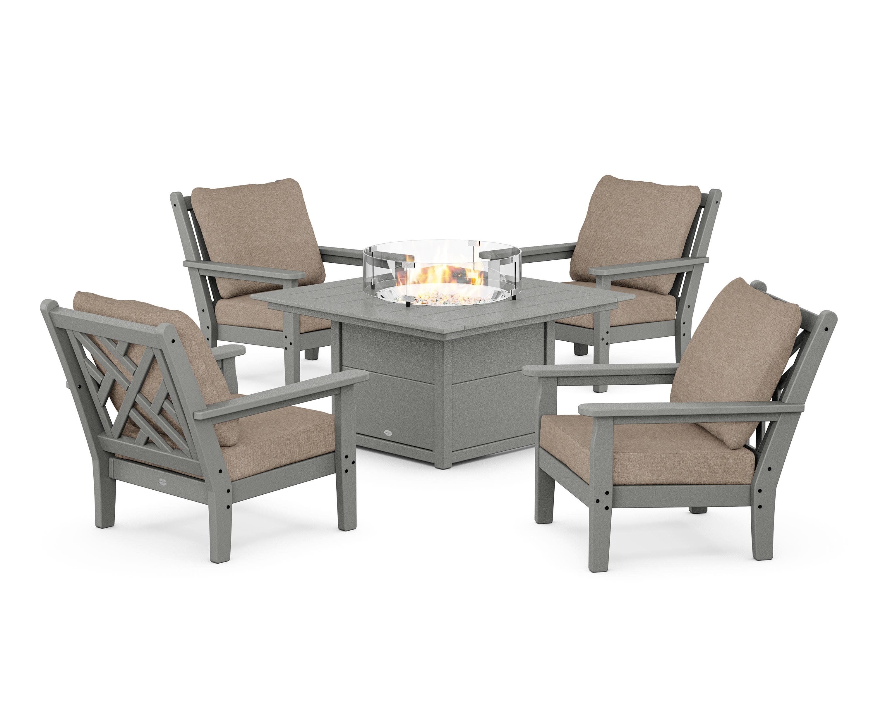 Chippendale 5-Piece Deep Seating Set with Fire Pit Table in Slate Grey / Spiced Burlap