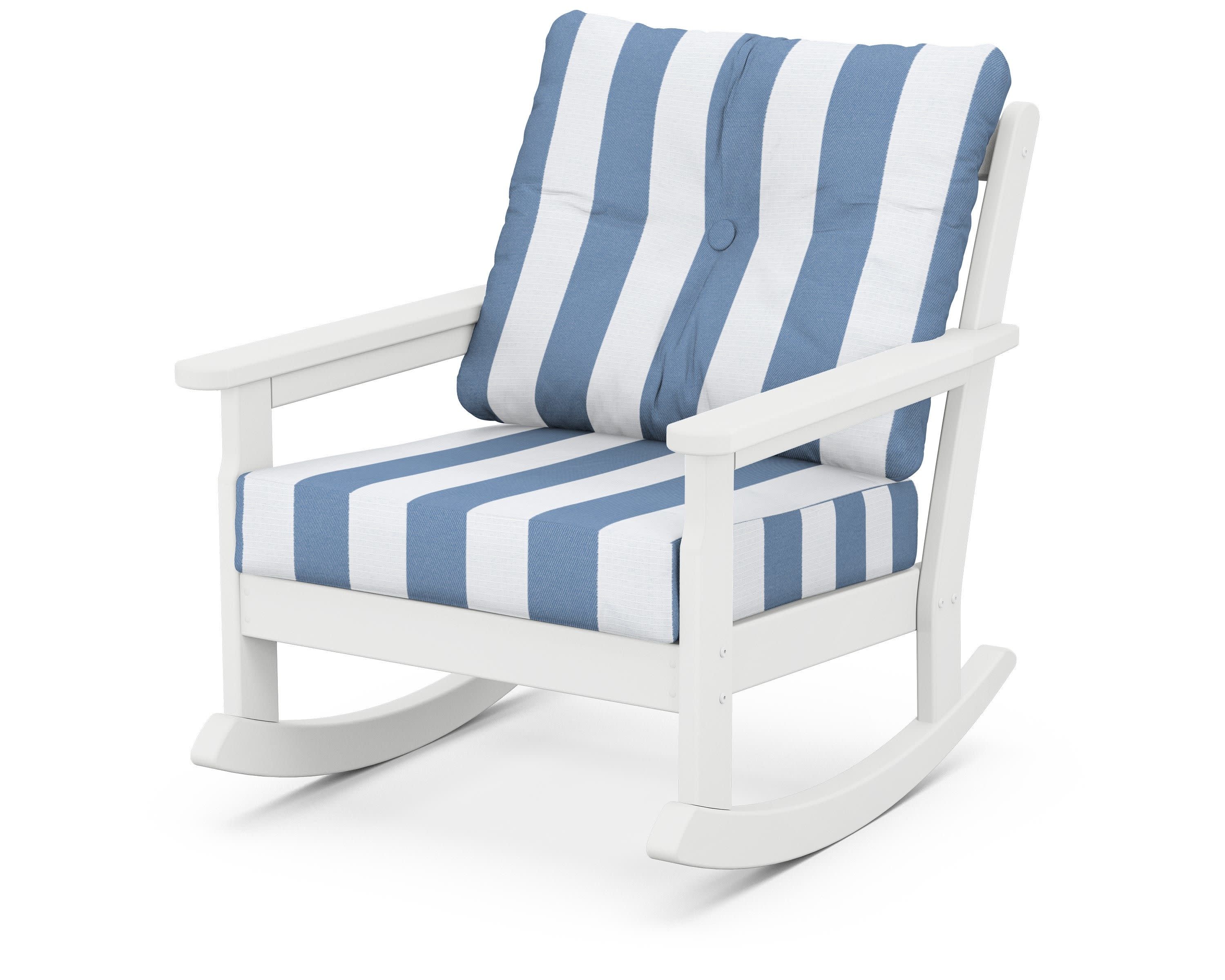 Vineyard Deep Seating Rocking Chair in White / Cabana Stripe Sky Blue