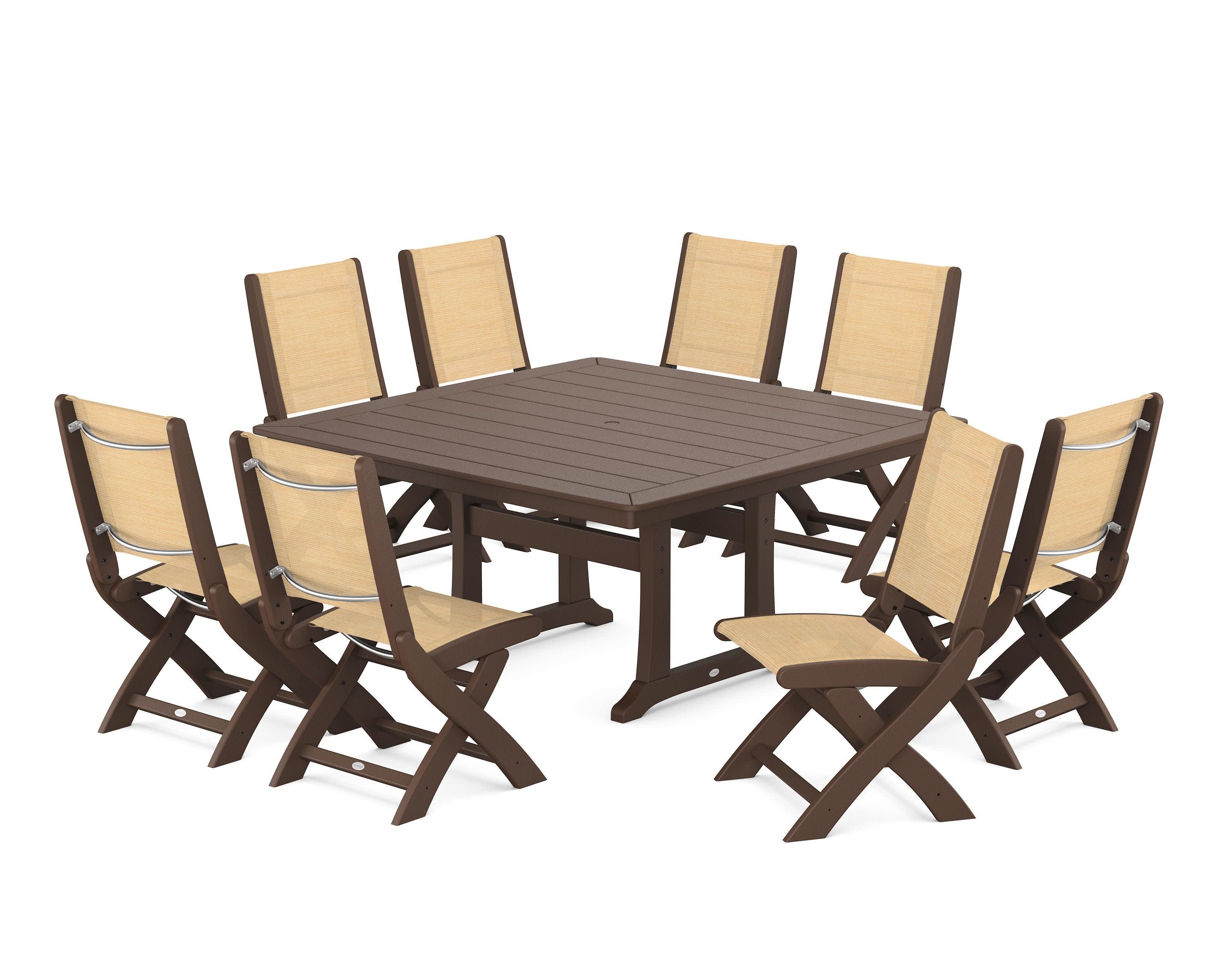 Coastal Folding Side Chair 9-Piece Dining Set with Trestle Legs in Mahogany / Dupioni Apricot Sling